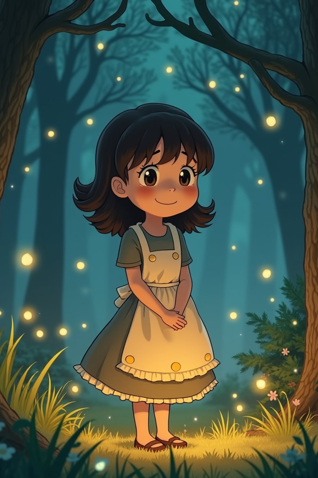 A cozy line art anime-inspired scene featuring a character in a simple dress with an apron and a warm smile , surrounded by magical forest spirits and glowing fireflies. The background has a dreamy forest clearing. The style is gentle and magical like a line art anime film.