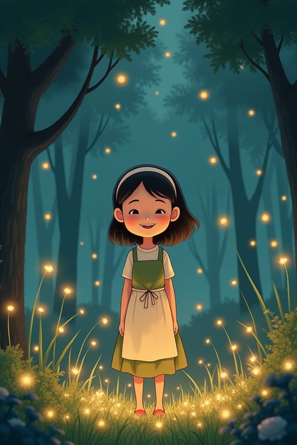A cozy line art anime-inspired scene featuring a character in a simple dress with an apron and a warm smile , surrounded by magical forest spirits and glowing fireflies. The background has a dreamy forest clearing. The style is gentle and magical like a line art anime film.