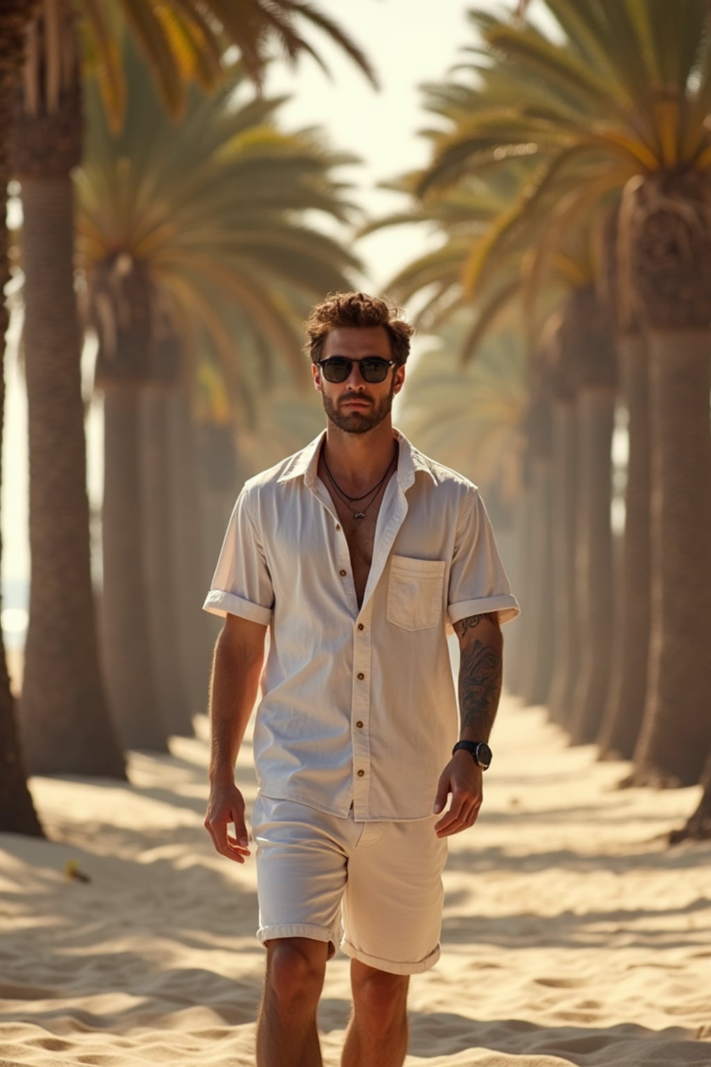 man in  casual beach outfit walking through tunnel of palm trees, golden sunlight filtering through