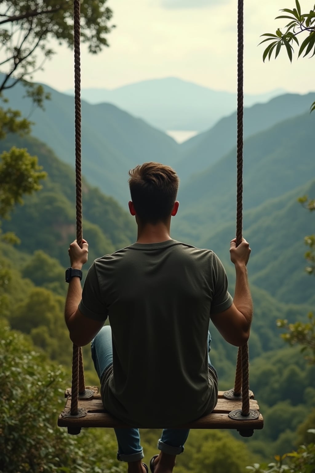 man in  smart casual outfit at jungle swing with vast valley view, dramatic lighting
