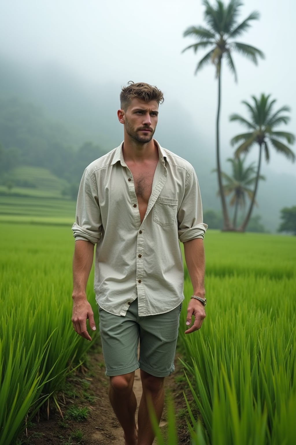 man in  casual resort wear walking through terraced rice fields in Tegalalang, morning mist and palm trees in background