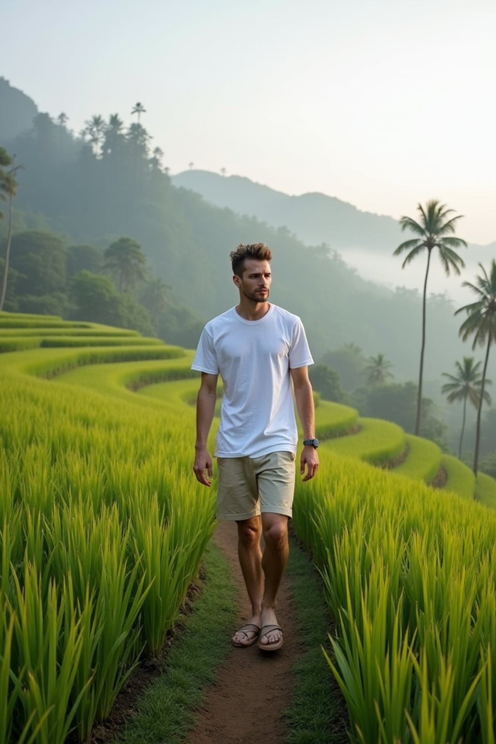 man in  casual resort wear walking through terraced rice fields in Tegalalang, morning mist and palm trees in background