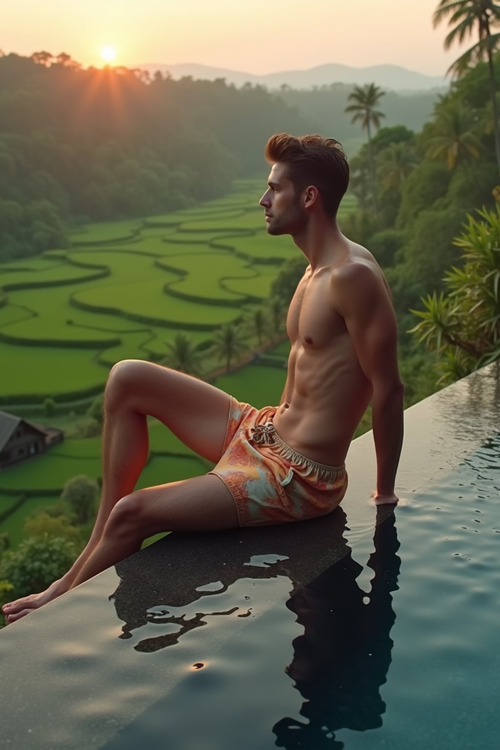man in  swim shorts lounging on edge of infinity pool overlooking jungle and rice terraces in Ubud, golden hour lighting