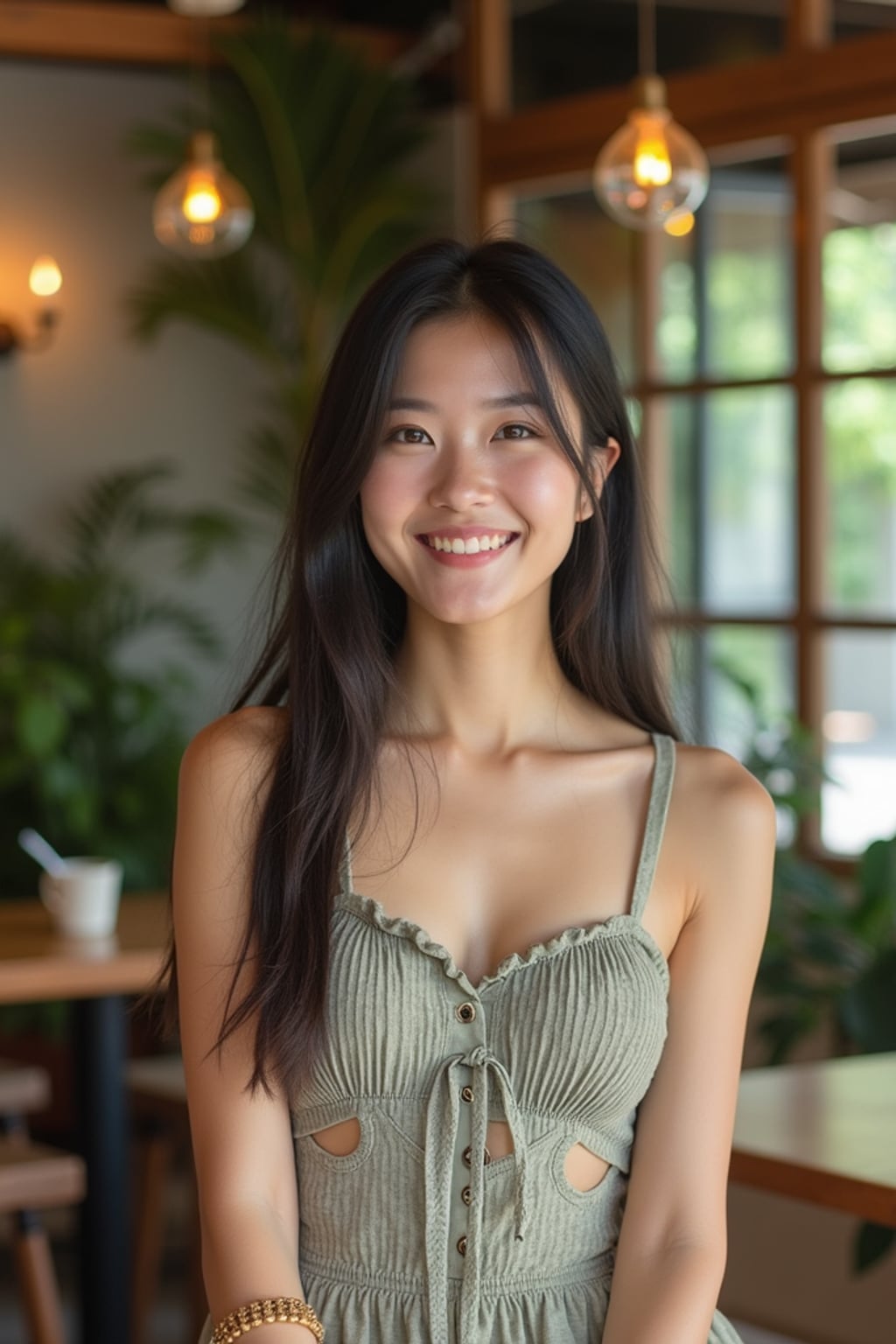 woman in chic cafe outfit  at trendy Canggu cafe with tropical minimalist decor