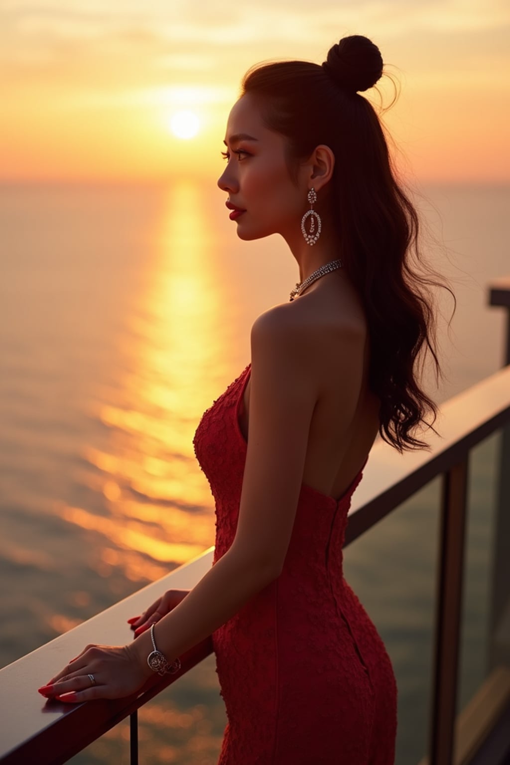 woman in resort cocktail dress  at rooftop bar with panoramic sunset view over ocean