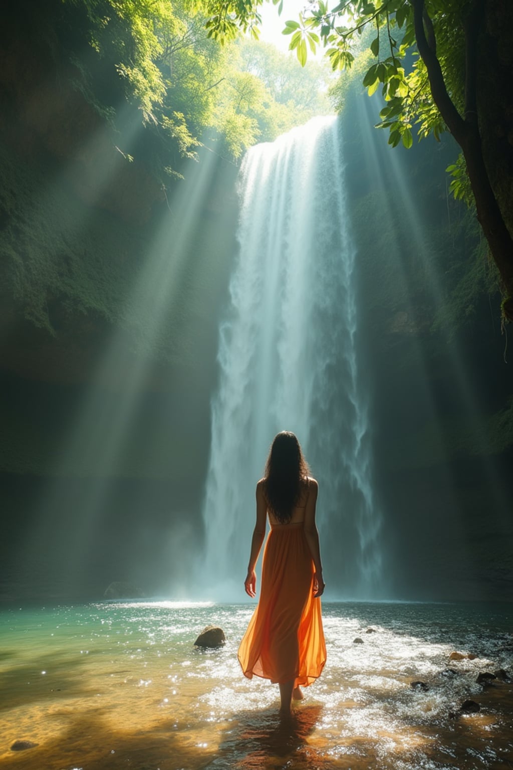 woman in boho beach dress  exploring hidden waterfall in jungle, rays of light streaming down