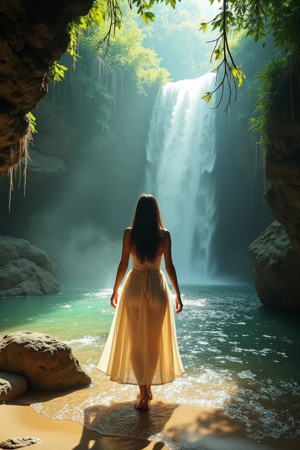 woman in boho beach dress  exploring hidden waterfall in jungle, rays of light streaming down