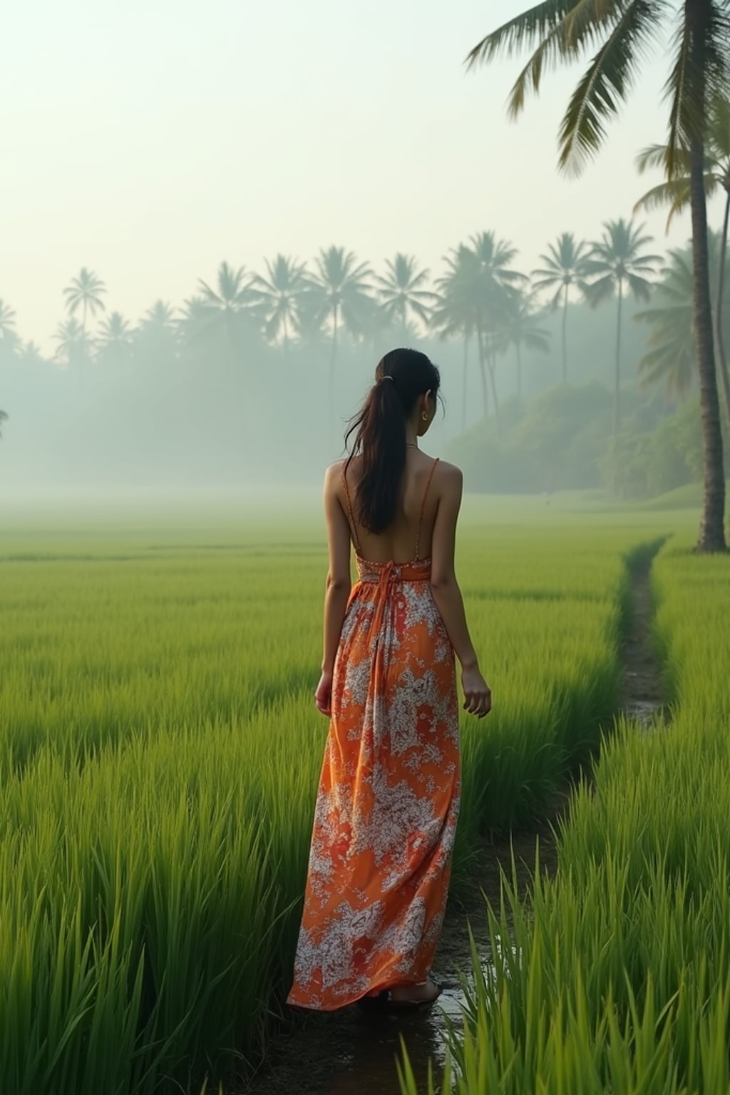 woman in bohemian maxi dress  walking through terraced rice fields in Tegalalang, morning mist and palm trees in background