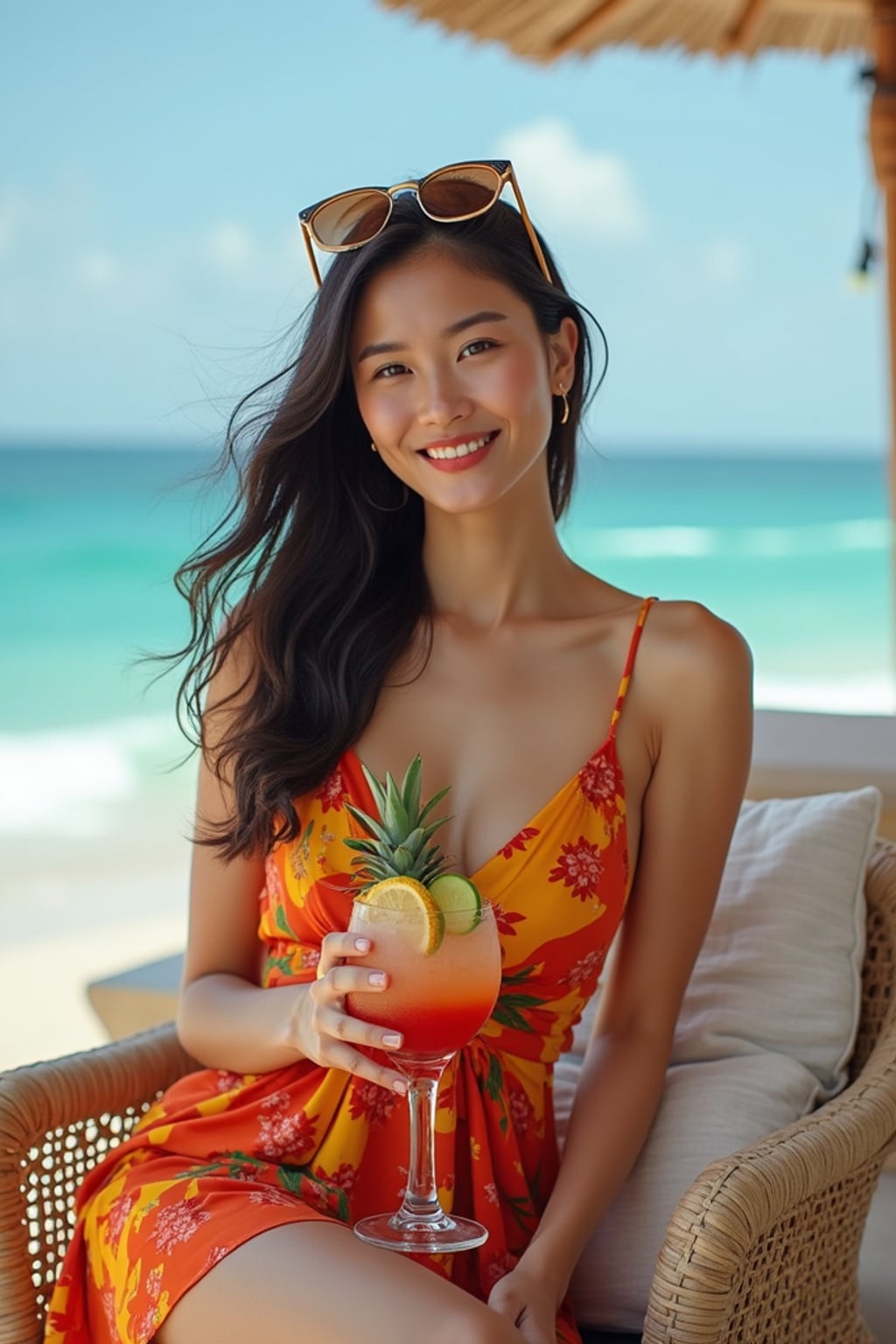 woman in colorful resort wear  sitting at luxury beach club in Canggu with ocean view, holding tropical cocktail