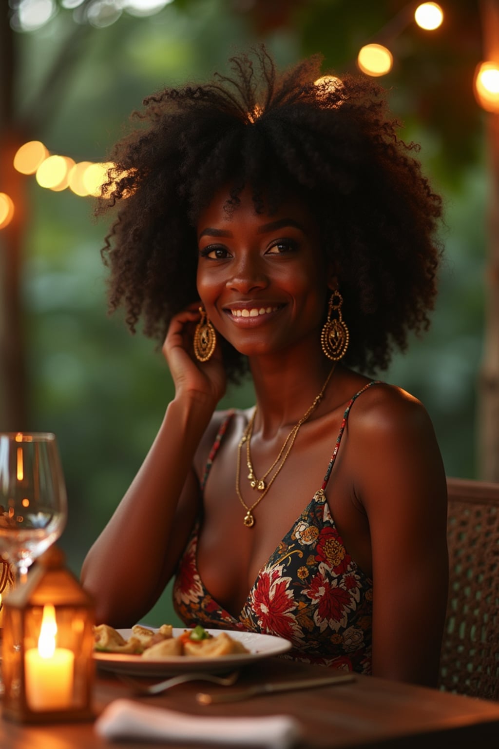 woman in elegant resort wear  dining at luxury treehouse restaurant in jungle setting, fairy lights and lanterns