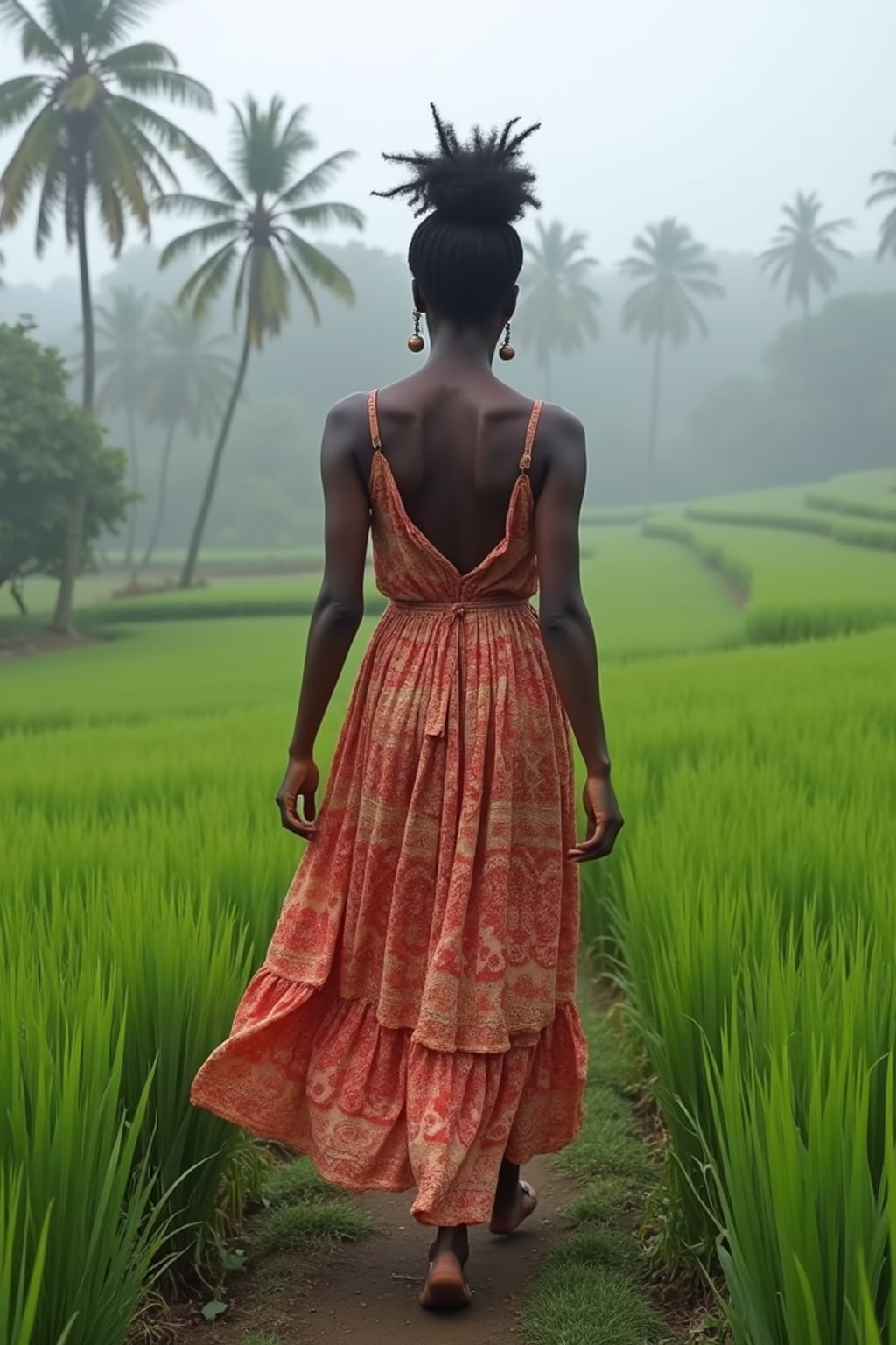 woman in bohemian maxi dress  walking through terraced rice fields in Tegalalang, morning mist and palm trees in background