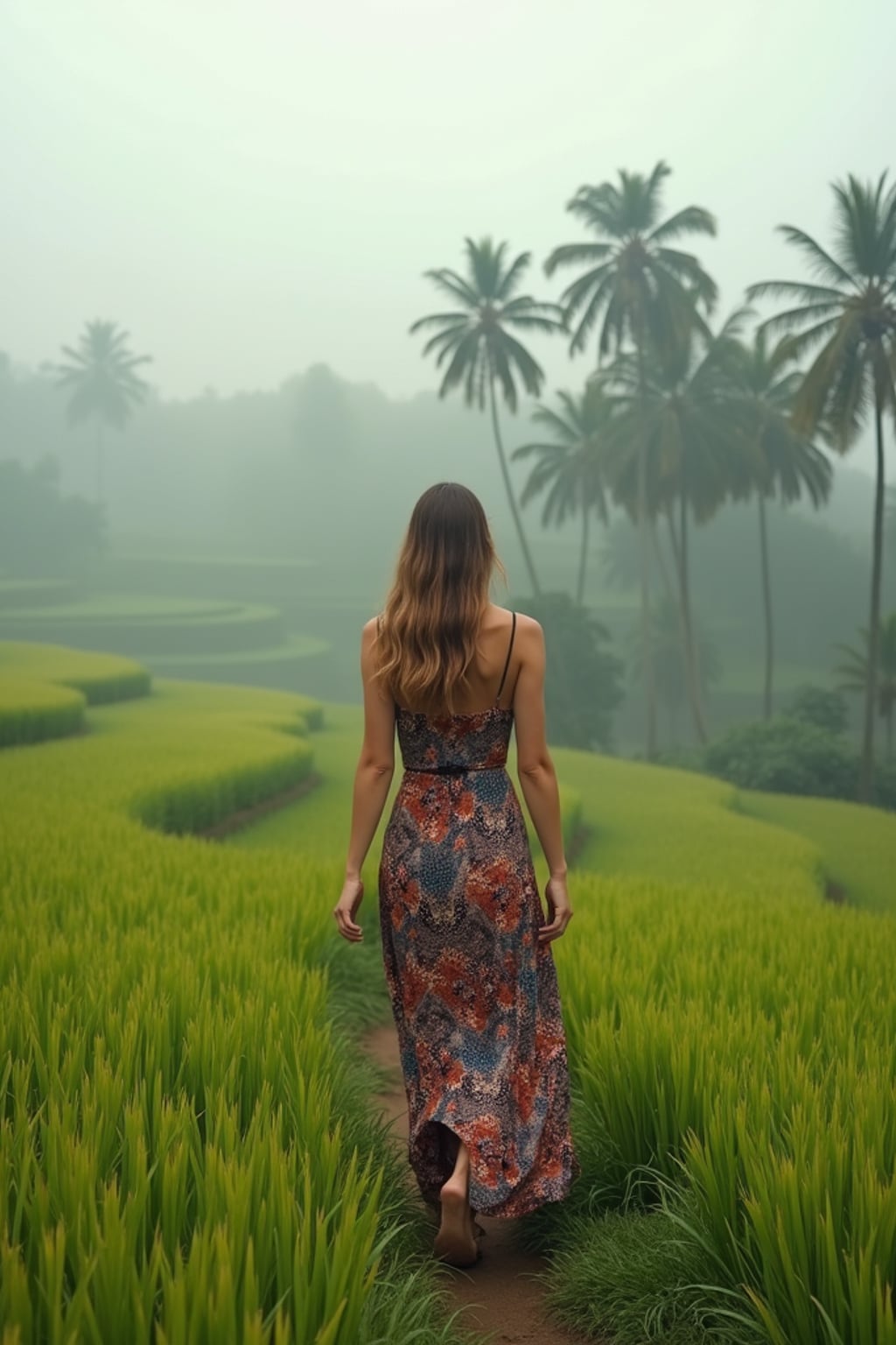 woman in bohemian maxi dress  walking through terraced rice fields in Tegalalang, morning mist and palm trees in background