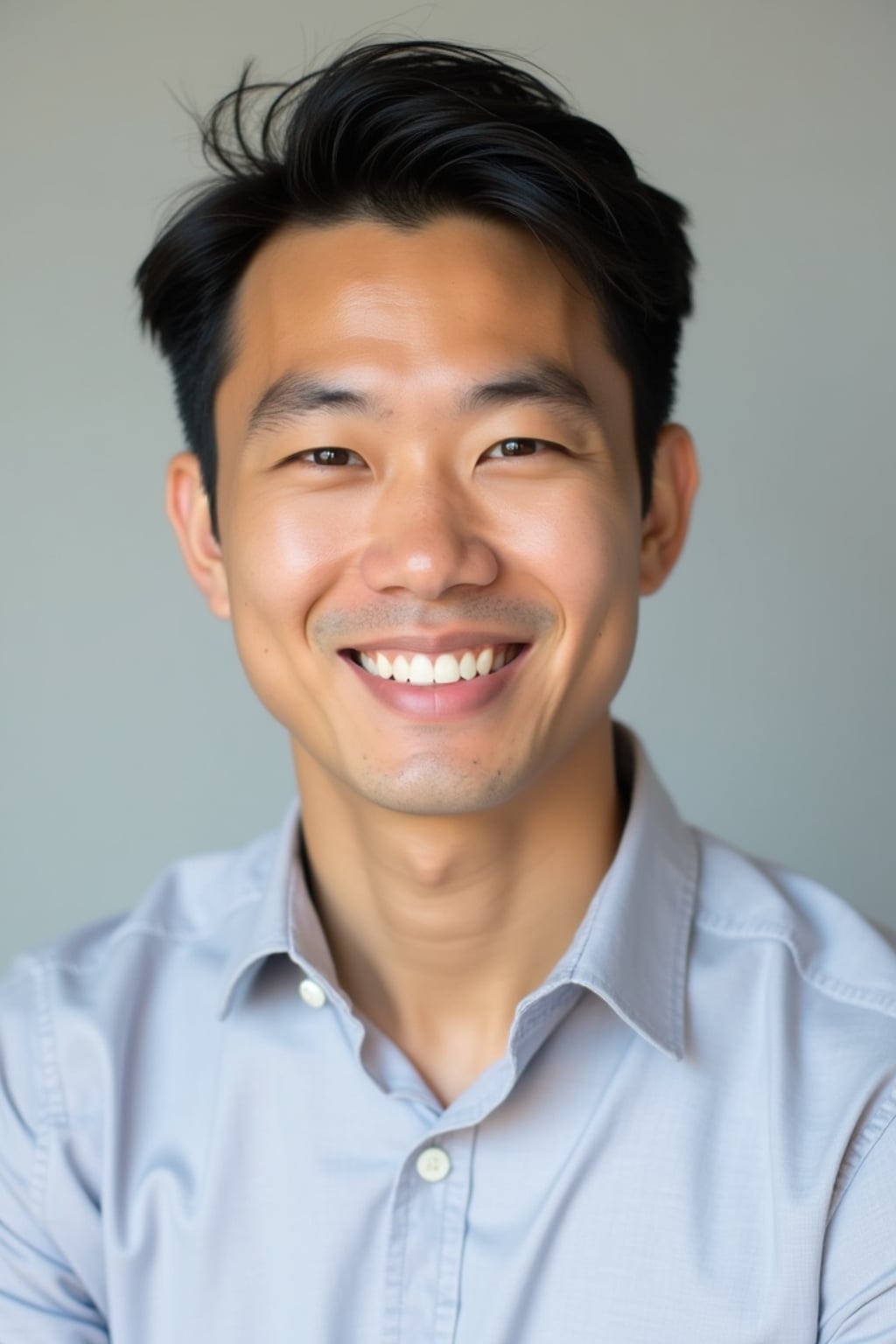 A professional therapist headshot of a compassionate man, taken in a well-lit studio with a plain backdrop. The man is dressed in  a neat, light-colored shirt with a friendly expression. The lighting is soft and even, highlighting their facial features with a warm and approachable expression. The focus is sharp, capturing the man's eyes and reassuring smile, creating a perfect headshot for therapy practices and professional profiles.