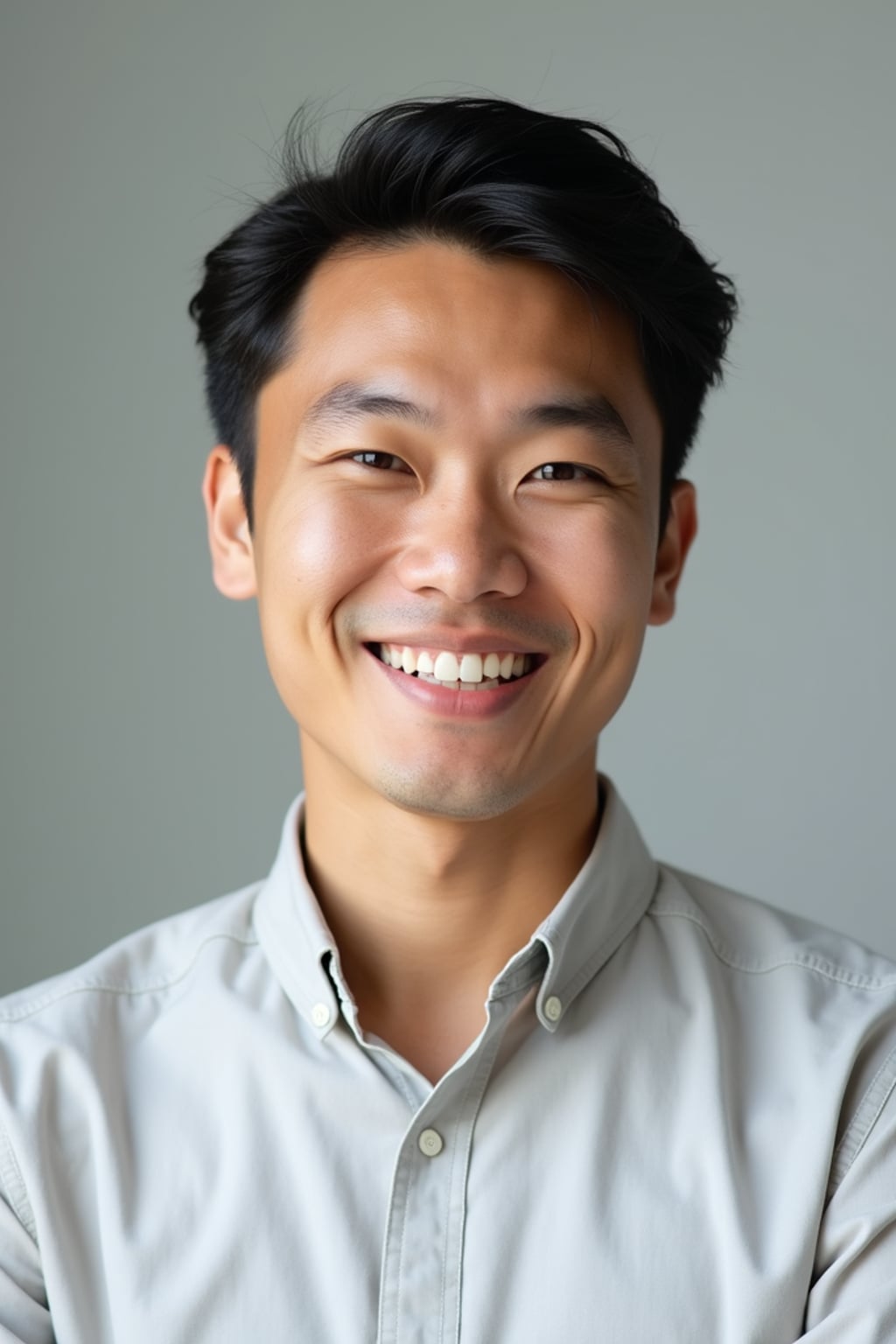 A professional therapist headshot of a compassionate man, taken in a well-lit studio with a plain backdrop. The man is dressed in  a neat, light-colored shirt with a friendly expression. The lighting is soft and even, highlighting their facial features with a warm and approachable expression. The focus is sharp, capturing the man's eyes and reassuring smile, creating a perfect headshot for therapy practices and professional profiles.