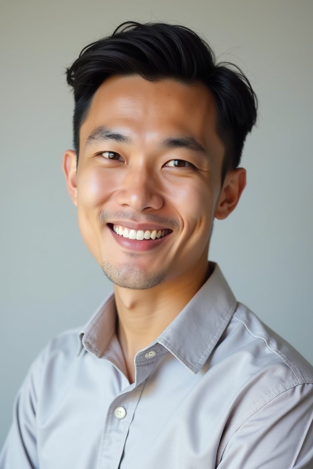 A professional therapist headshot of a compassionate man, taken in a well-lit studio with a plain backdrop. The man is dressed in  a neat, light-colored shirt with a friendly expression. The lighting is soft and even, highlighting their facial features with a warm and approachable expression. The focus is sharp, capturing the man's eyes and reassuring smile, creating a perfect headshot for therapy practices and professional profiles.