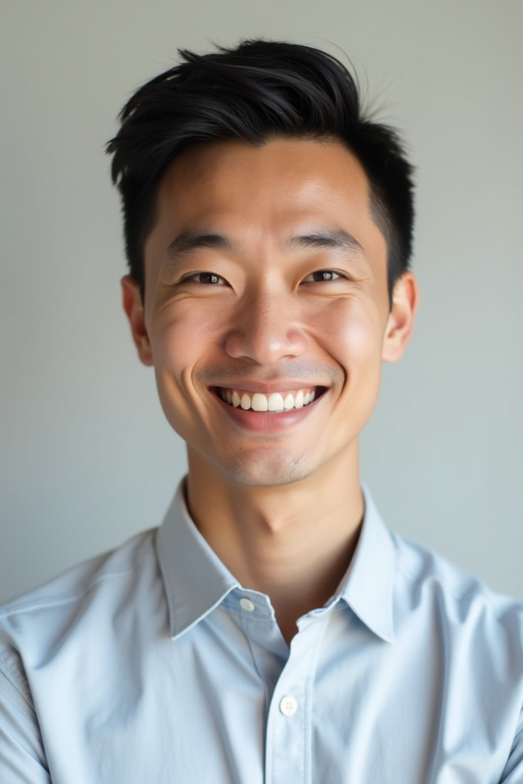 A professional therapist headshot of a compassionate man, taken in a well-lit studio with a plain backdrop. The man is dressed in  a neat, light-colored shirt with a friendly expression. The lighting is soft and even, highlighting their facial features with a warm and approachable expression. The focus is sharp, capturing the man's eyes and reassuring smile, creating a perfect headshot for therapy practices and professional profiles.