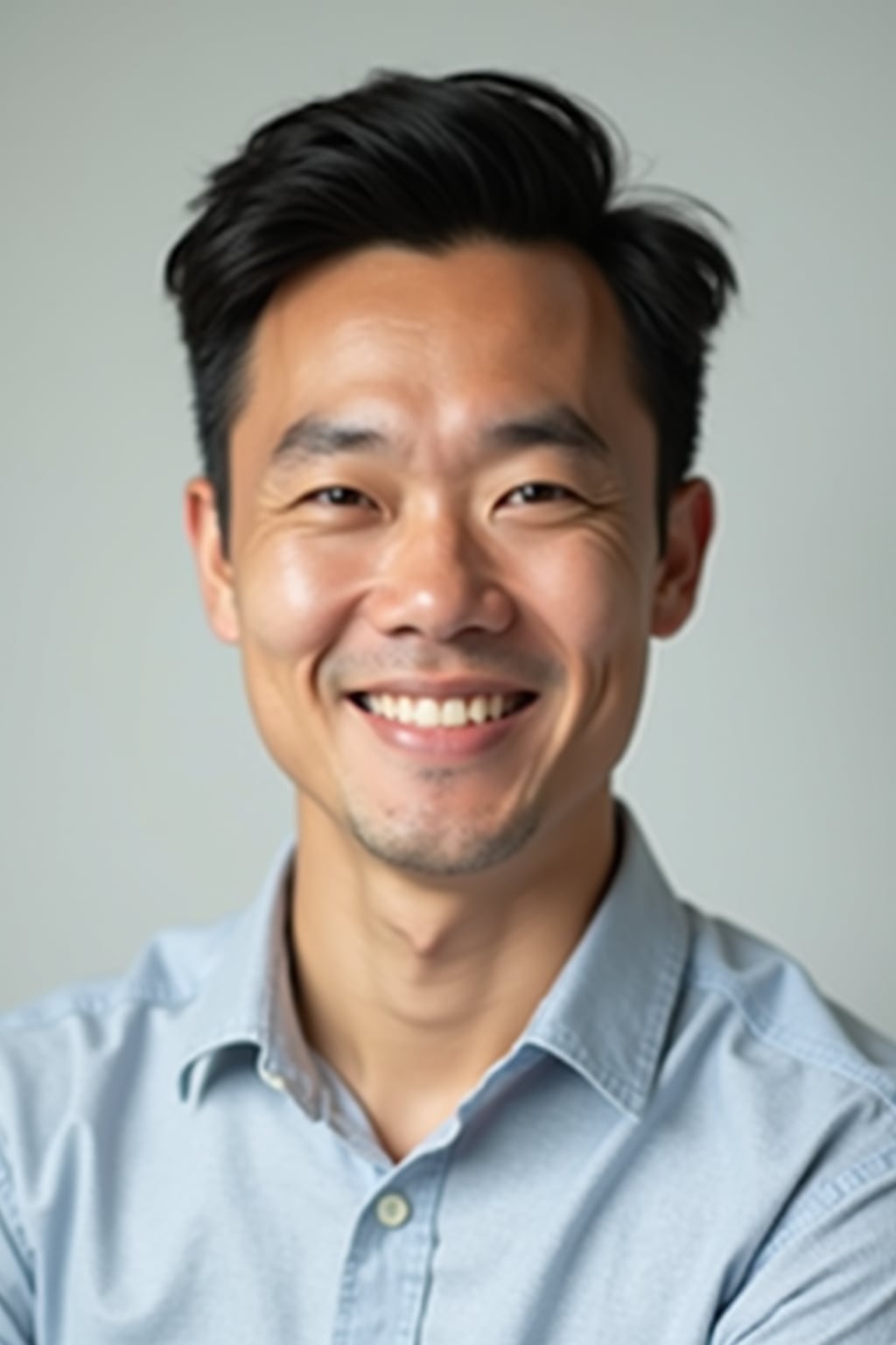 A professional therapist headshot of a compassionate man, taken in a well-lit studio with a plain backdrop. The man is dressed in  a neat, light-colored shirt with a friendly expression. The lighting is soft and even, highlighting their facial features with a warm and approachable expression. The focus is sharp, capturing the man's eyes and reassuring smile, creating a perfect headshot for therapy practices and professional profiles.