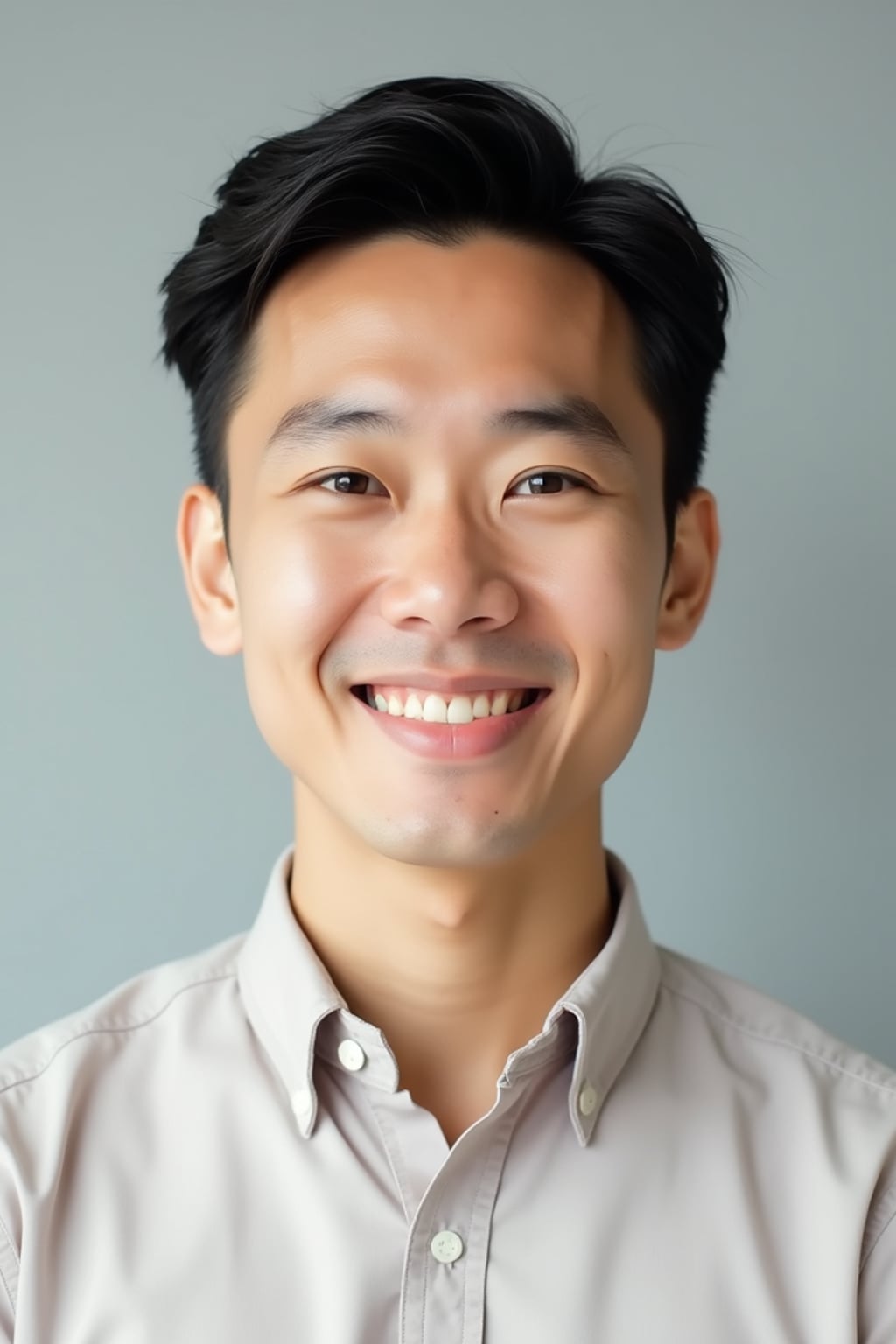 A professional therapist headshot of a compassionate man, taken in a well-lit studio with a plain backdrop. The man is dressed in  a neat, light-colored shirt with a friendly expression. The lighting is soft and even, highlighting their facial features with a warm and approachable expression. The focus is sharp, capturing the man's eyes and reassuring smile, creating a perfect headshot for therapy practices and professional profiles.