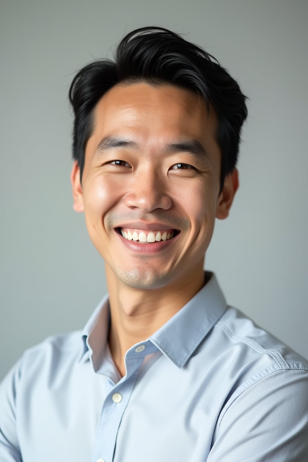 A professional therapist headshot of a compassionate man, taken in a well-lit studio with a plain backdrop. The man is dressed in  a neat, light-colored shirt with a friendly expression. The lighting is soft and even, highlighting their facial features with a warm and approachable expression. The focus is sharp, capturing the man's eyes and reassuring smile, creating a perfect headshot for therapy practices and professional profiles.