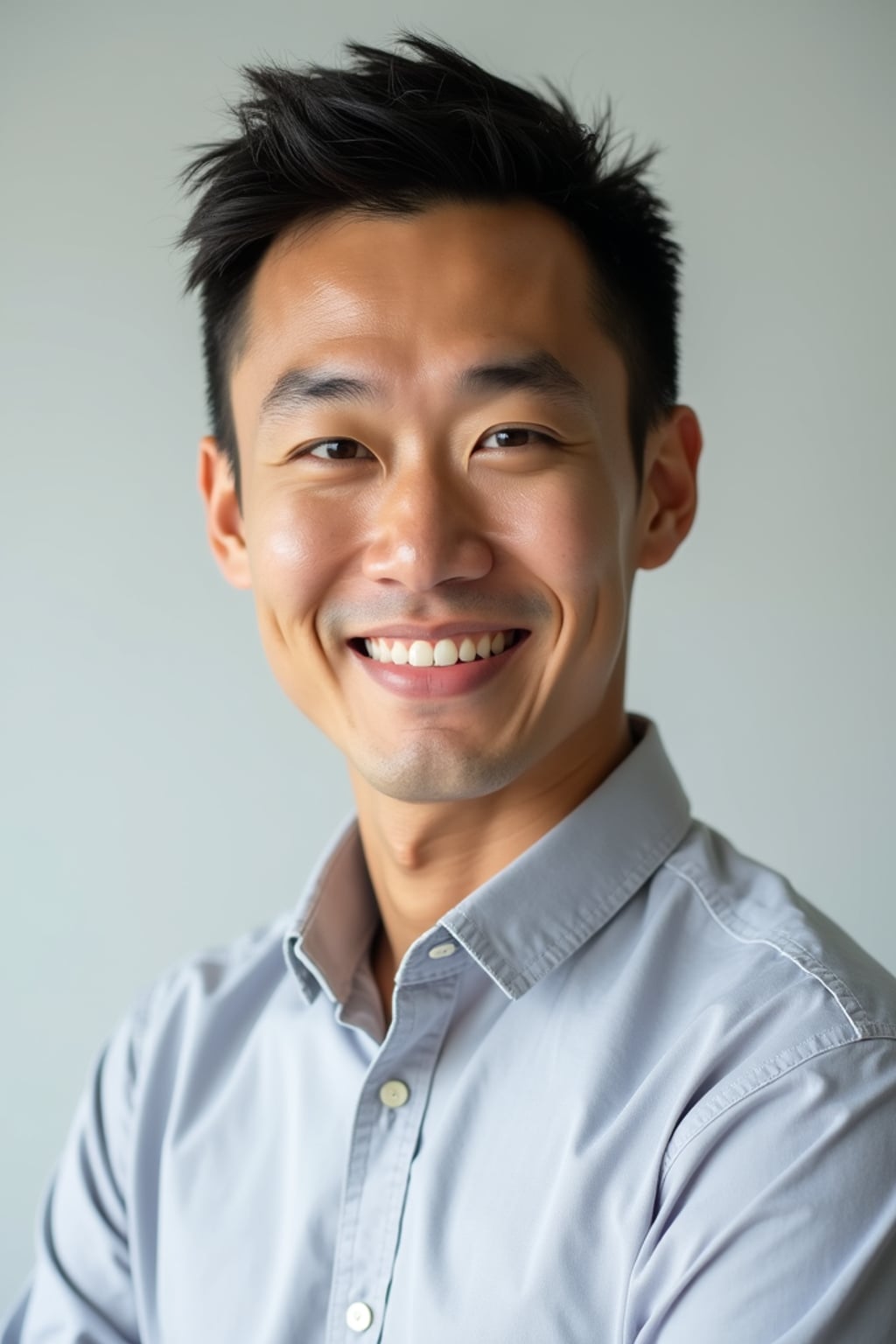 A professional therapist headshot of a compassionate man, taken in a well-lit studio with a plain backdrop. The man is dressed in  a neat, light-colored shirt with a friendly expression. The lighting is soft and even, highlighting their facial features with a warm and approachable expression. The focus is sharp, capturing the man's eyes and reassuring smile, creating a perfect headshot for therapy practices and professional profiles.