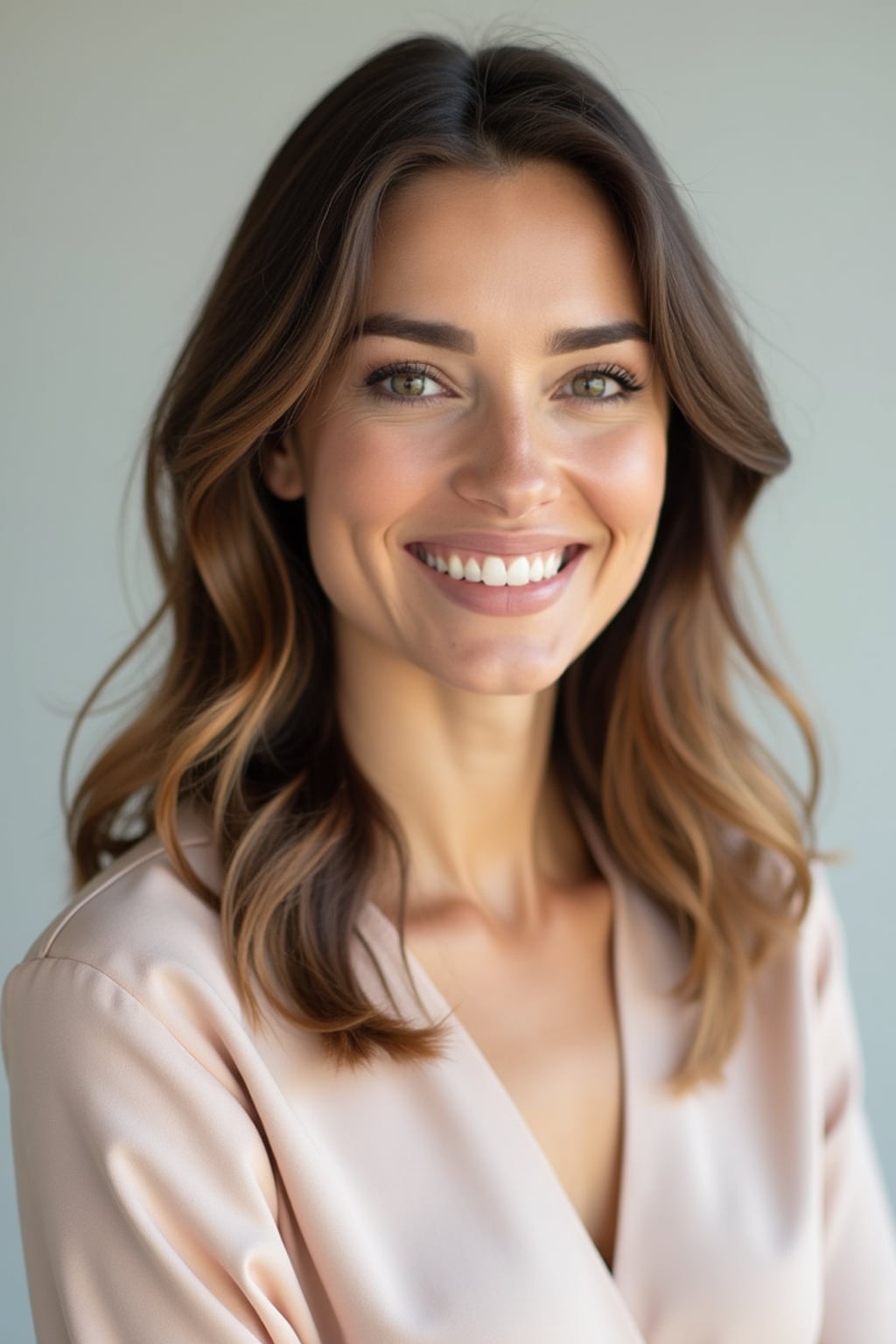 A professional therapist headshot of a compassionate woman, taken in a well-lit studio with a plain backdrop. The woman is dressed in a soft, professional blouse with natural makeup and a gentle smile . The lighting is soft and even, highlighting their facial features with a warm and approachable expression. The focus is sharp, capturing the woman's eyes and reassuring smile, creating a perfect headshot for therapy practices and professional profiles.