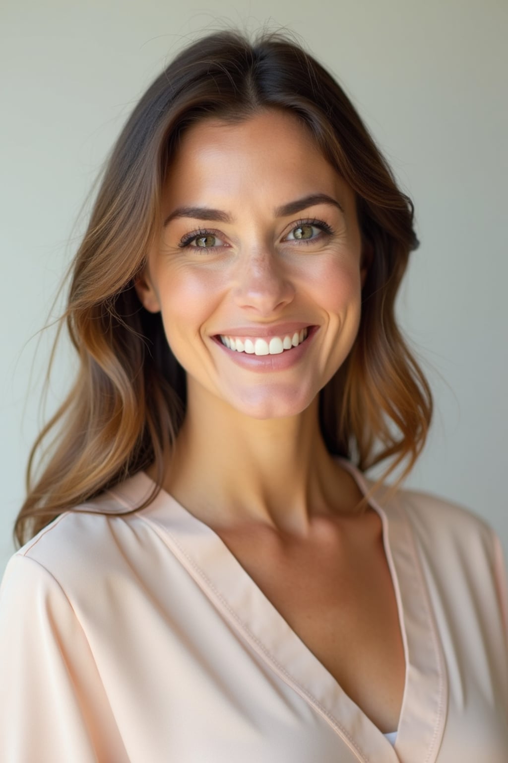 A professional therapist headshot of a compassionate woman, taken in a well-lit studio with a plain backdrop. The woman is dressed in a soft, professional blouse with natural makeup and a gentle smile . The lighting is soft and even, highlighting their facial features with a warm and approachable expression. The focus is sharp, capturing the woman's eyes and reassuring smile, creating a perfect headshot for therapy practices and professional profiles.