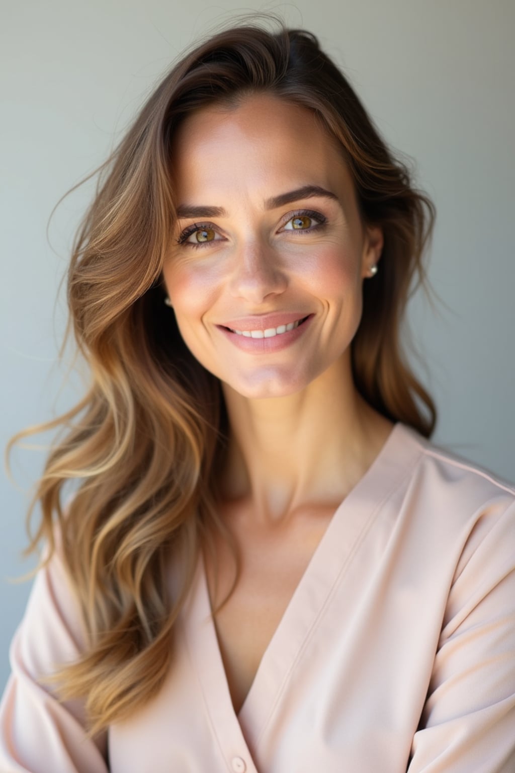 A professional therapist headshot of a compassionate woman, taken in a well-lit studio with a plain backdrop. The woman is dressed in a soft, professional blouse with natural makeup and a gentle smile . The lighting is soft and even, highlighting their facial features with a warm and approachable expression. The focus is sharp, capturing the woman's eyes and reassuring smile, creating a perfect headshot for therapy practices and professional profiles.