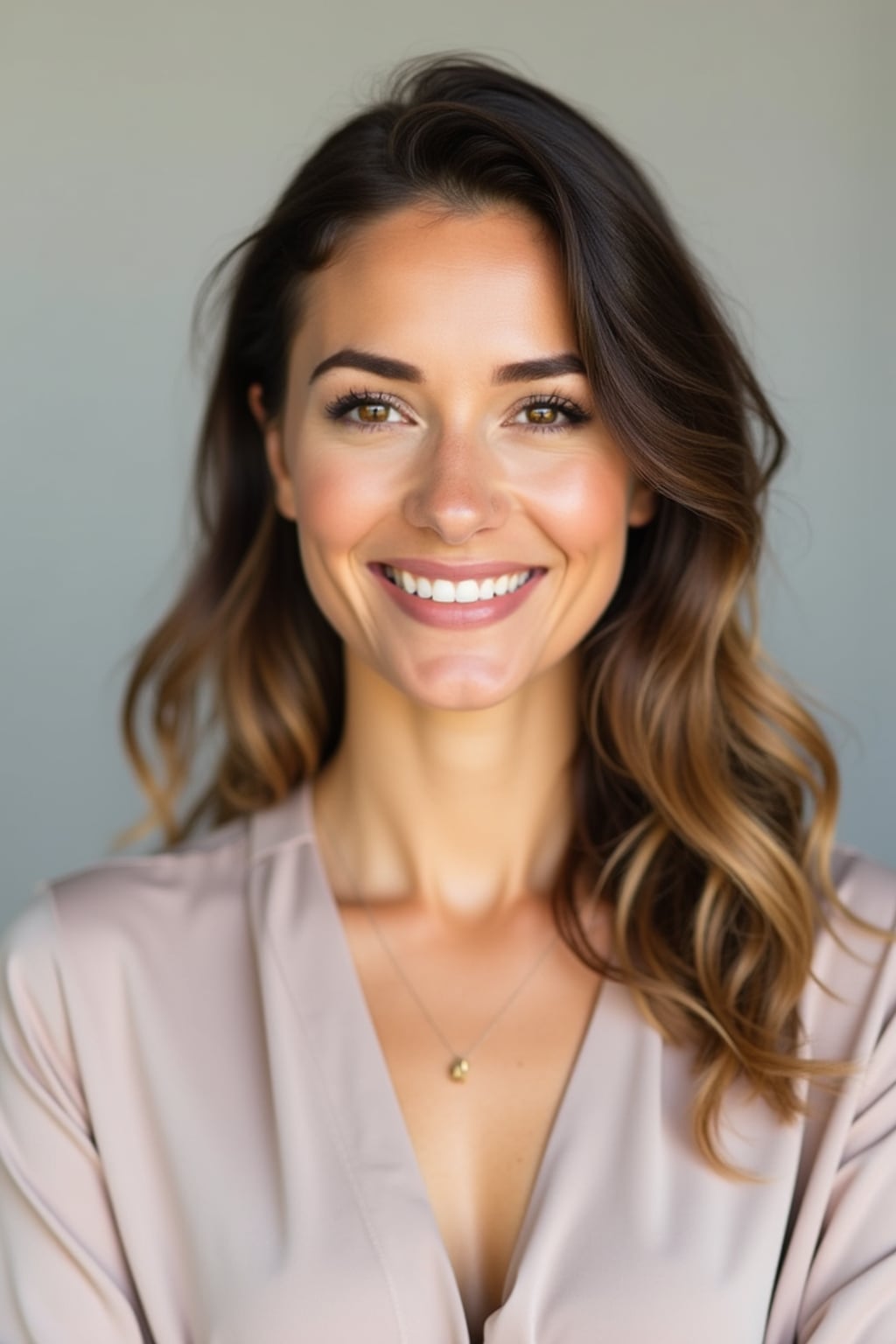 A professional therapist headshot of a compassionate woman, taken in a well-lit studio with a plain backdrop. The woman is dressed in a soft, professional blouse with natural makeup and a gentle smile . The lighting is soft and even, highlighting their facial features with a warm and approachable expression. The focus is sharp, capturing the woman's eyes and reassuring smile, creating a perfect headshot for therapy practices and professional profiles.