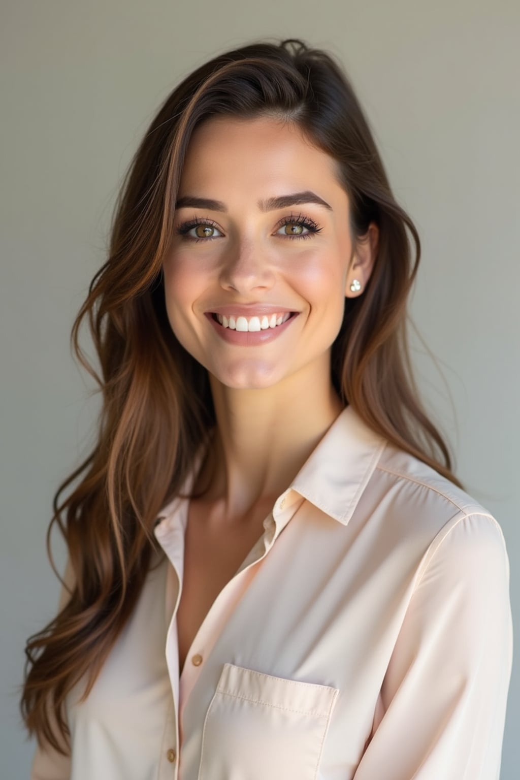 A professional therapist headshot of a compassionate woman, taken in a well-lit studio with a plain backdrop. The woman is dressed in a soft, professional blouse with natural makeup and a gentle smile . The lighting is soft and even, highlighting their facial features with a warm and approachable expression. The focus is sharp, capturing the woman's eyes and reassuring smile, creating a perfect headshot for therapy practices and professional profiles.