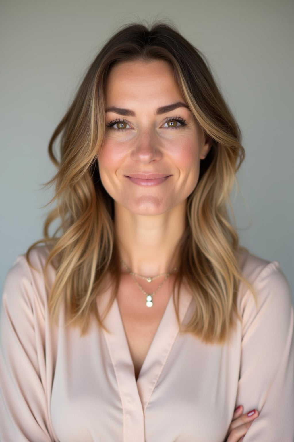 A professional therapist headshot of a compassionate woman, taken in a well-lit studio with a plain backdrop. The woman is dressed in a soft, professional blouse with natural makeup and a gentle smile . The lighting is soft and even, highlighting their facial features with a warm and approachable expression. The focus is sharp, capturing the woman's eyes and reassuring smile, creating a perfect headshot for therapy practices and professional profiles.