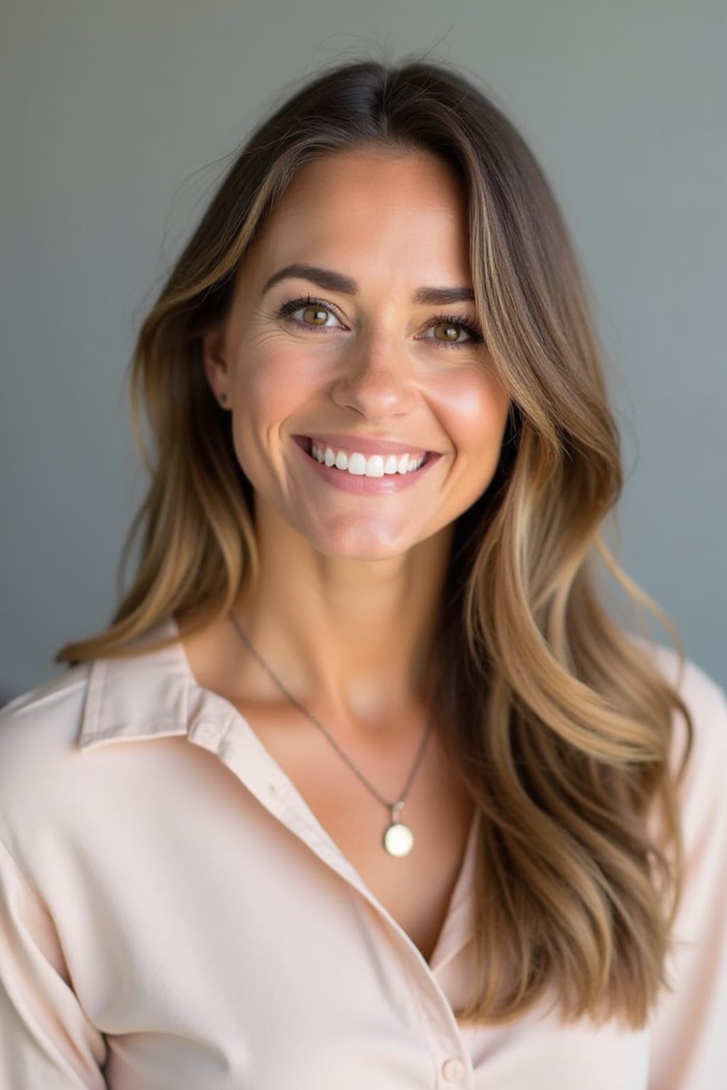 A professional therapist headshot of a compassionate woman, taken in a well-lit studio with a plain backdrop. The woman is dressed in a soft, professional blouse with natural makeup and a gentle smile . The lighting is soft and even, highlighting their facial features with a warm and approachable expression. The focus is sharp, capturing the woman's eyes and reassuring smile, creating a perfect headshot for therapy practices and professional profiles.