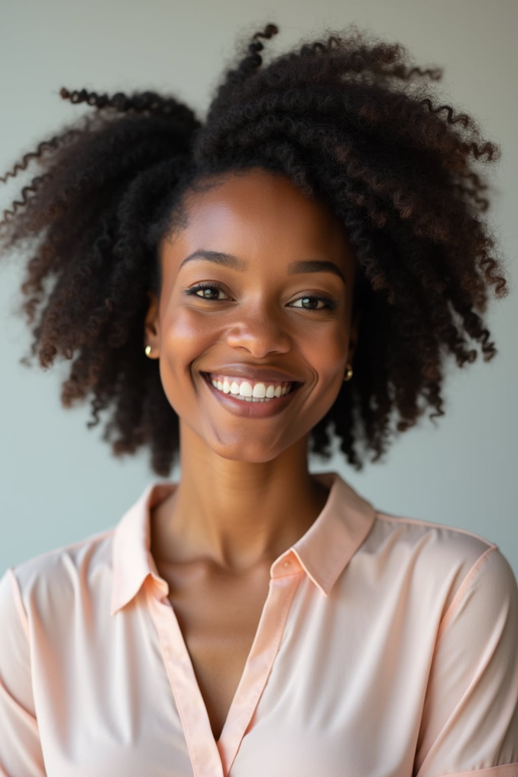 A professional therapist headshot of a compassionate woman, taken in a well-lit studio with a plain backdrop. The woman is dressed in a soft, professional blouse with natural makeup and a gentle smile . The lighting is soft and even, highlighting their facial features with a warm and approachable expression. The focus is sharp, capturing the woman's eyes and reassuring smile, creating a perfect headshot for therapy practices and professional profiles.
