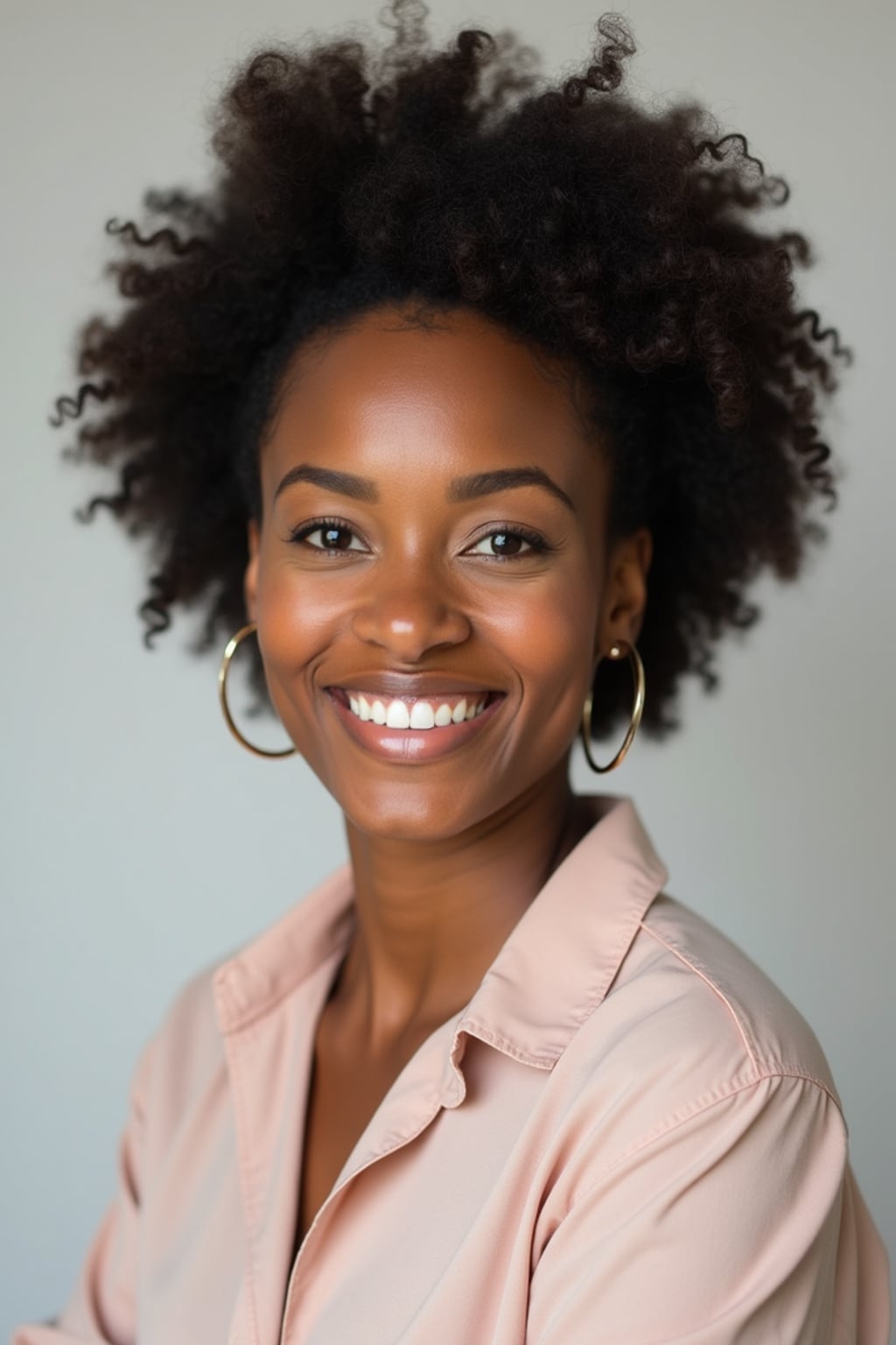 A professional therapist headshot of a compassionate woman, taken in a well-lit studio with a plain backdrop. The woman is dressed in a soft, professional blouse with natural makeup and a gentle smile . The lighting is soft and even, highlighting their facial features with a warm and approachable expression. The focus is sharp, capturing the woman's eyes and reassuring smile, creating a perfect headshot for therapy practices and professional profiles.