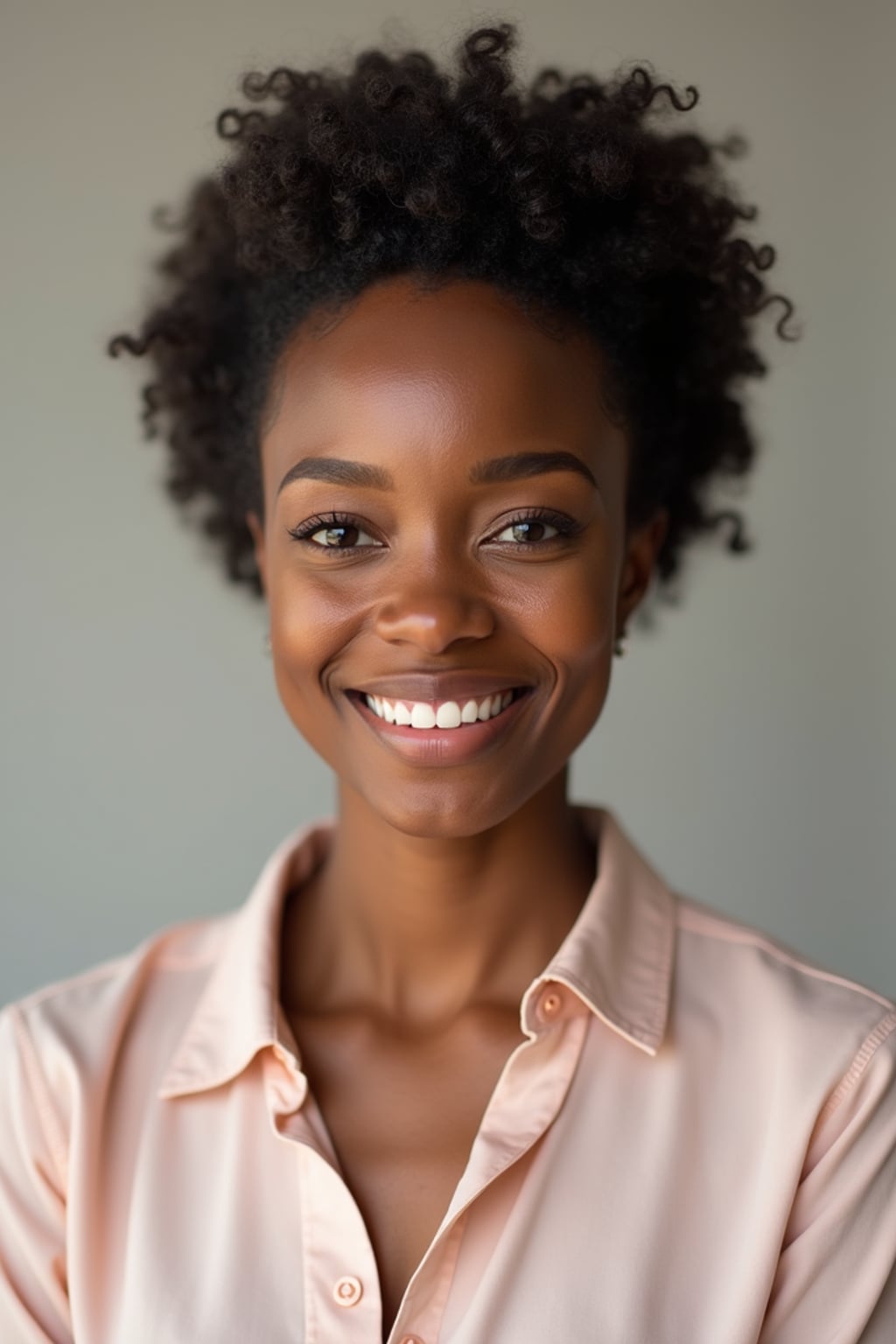 A professional therapist headshot of a compassionate woman, taken in a well-lit studio with a plain backdrop. The woman is dressed in a soft, professional blouse with natural makeup and a gentle smile . The lighting is soft and even, highlighting their facial features with a warm and approachable expression. The focus is sharp, capturing the woman's eyes and reassuring smile, creating a perfect headshot for therapy practices and professional profiles.