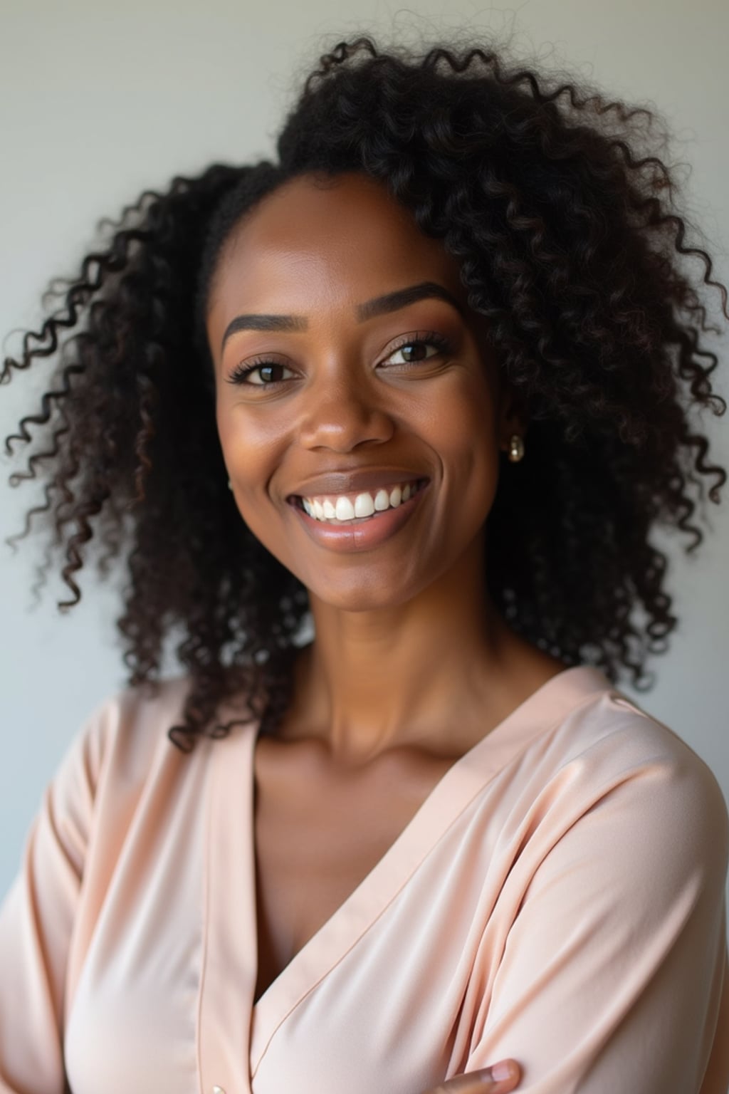 A professional therapist headshot of a compassionate woman, taken in a well-lit studio with a plain backdrop. The woman is dressed in a soft, professional blouse with natural makeup and a gentle smile . The lighting is soft and even, highlighting their facial features with a warm and approachable expression. The focus is sharp, capturing the woman's eyes and reassuring smile, creating a perfect headshot for therapy practices and professional profiles.