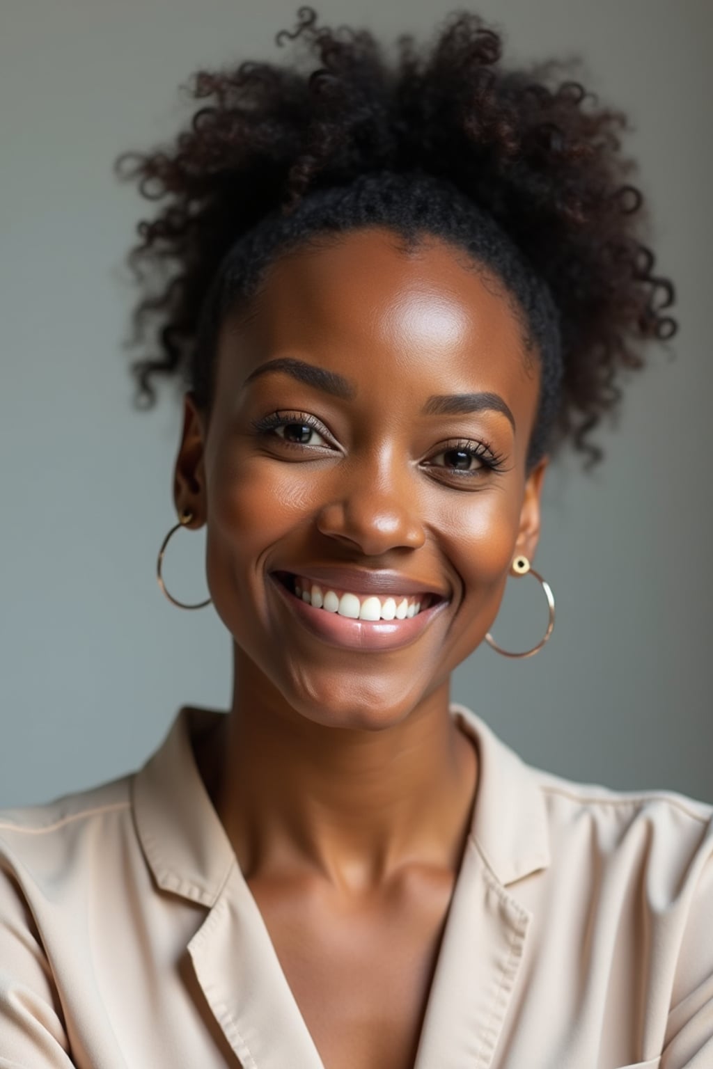 A professional therapist headshot of a compassionate woman, taken in a well-lit studio with a plain backdrop. The woman is dressed in a soft, professional blouse with natural makeup and a gentle smile . The lighting is soft and even, highlighting their facial features with a warm and approachable expression. The focus is sharp, capturing the woman's eyes and reassuring smile, creating a perfect headshot for therapy practices and professional profiles.