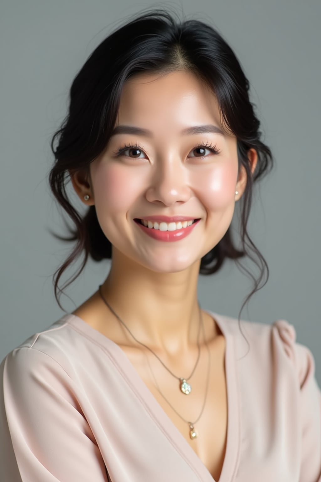 A professional therapist headshot of a compassionate woman, taken in a well-lit studio with a plain backdrop. The woman is dressed in a soft, professional blouse with natural makeup and a gentle smile . The lighting is soft and even, highlighting their facial features with a warm and approachable expression. The focus is sharp, capturing the woman's eyes and reassuring smile, creating a perfect headshot for therapy practices and professional profiles.