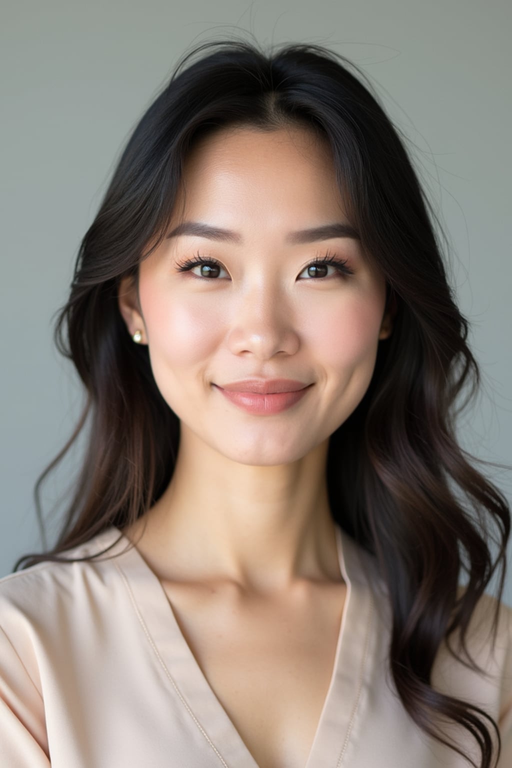 A professional therapist headshot of a compassionate woman, taken in a well-lit studio with a plain backdrop. The woman is dressed in a soft, professional blouse with natural makeup and a gentle smile . The lighting is soft and even, highlighting their facial features with a warm and approachable expression. The focus is sharp, capturing the woman's eyes and reassuring smile, creating a perfect headshot for therapy practices and professional profiles.