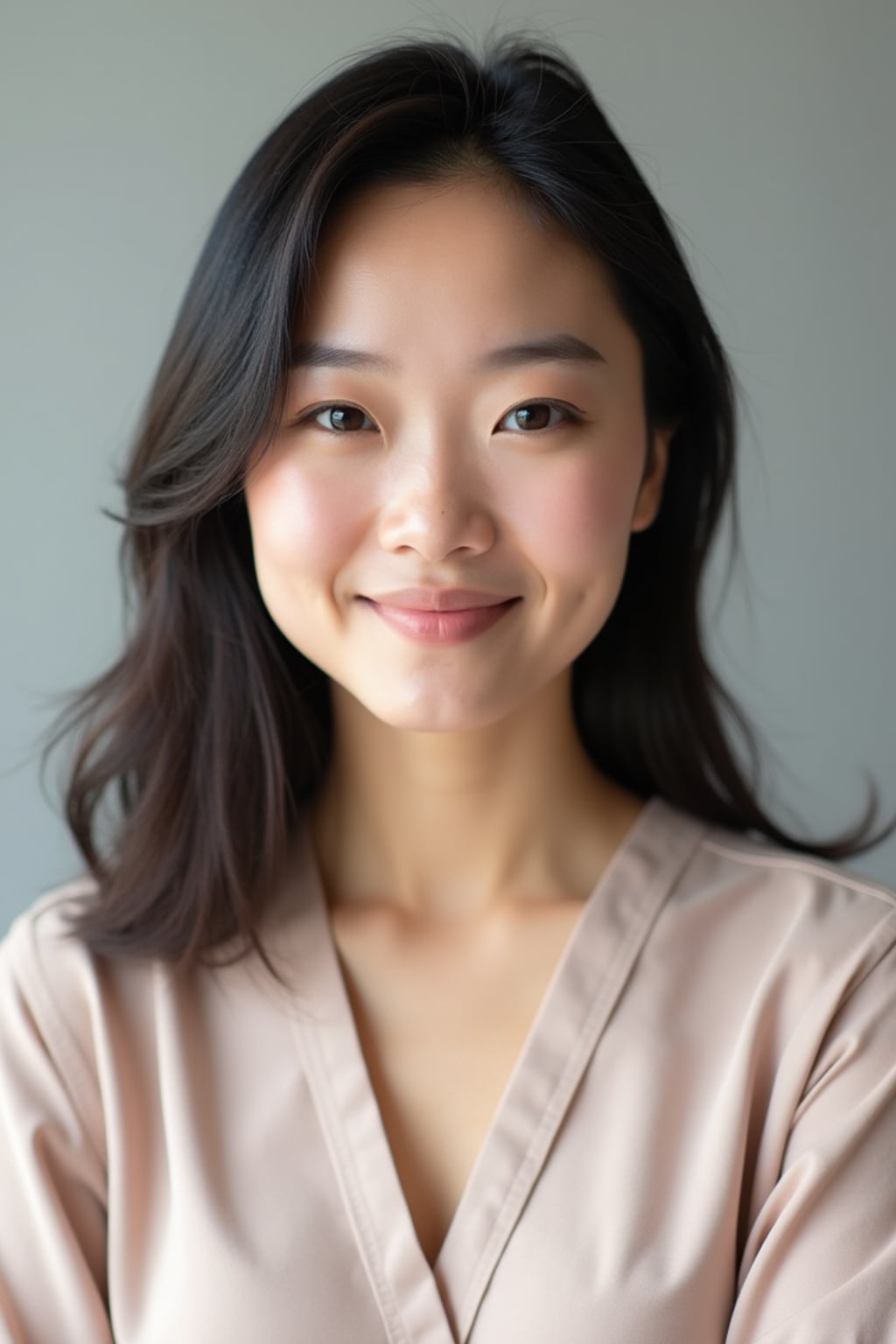 A professional therapist headshot of a compassionate woman, taken in a well-lit studio with a plain backdrop. The woman is dressed in a soft, professional blouse with natural makeup and a gentle smile . The lighting is soft and even, highlighting their facial features with a warm and approachable expression. The focus is sharp, capturing the woman's eyes and reassuring smile, creating a perfect headshot for therapy practices and professional profiles.