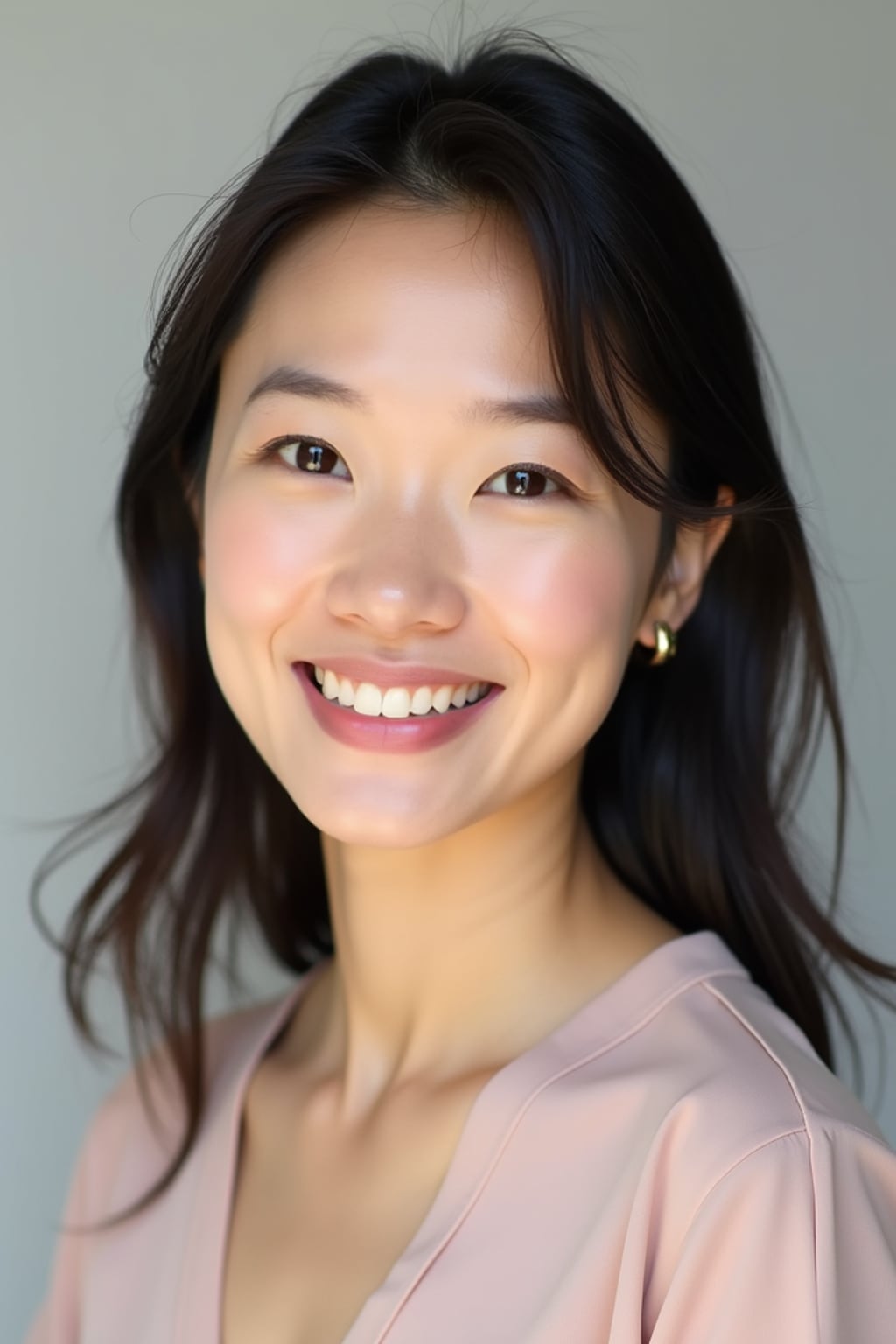 A professional therapist headshot of a compassionate woman, taken in a well-lit studio with a plain backdrop. The woman is dressed in a soft, professional blouse with natural makeup and a gentle smile . The lighting is soft and even, highlighting their facial features with a warm and approachable expression. The focus is sharp, capturing the woman's eyes and reassuring smile, creating a perfect headshot for therapy practices and professional profiles.
