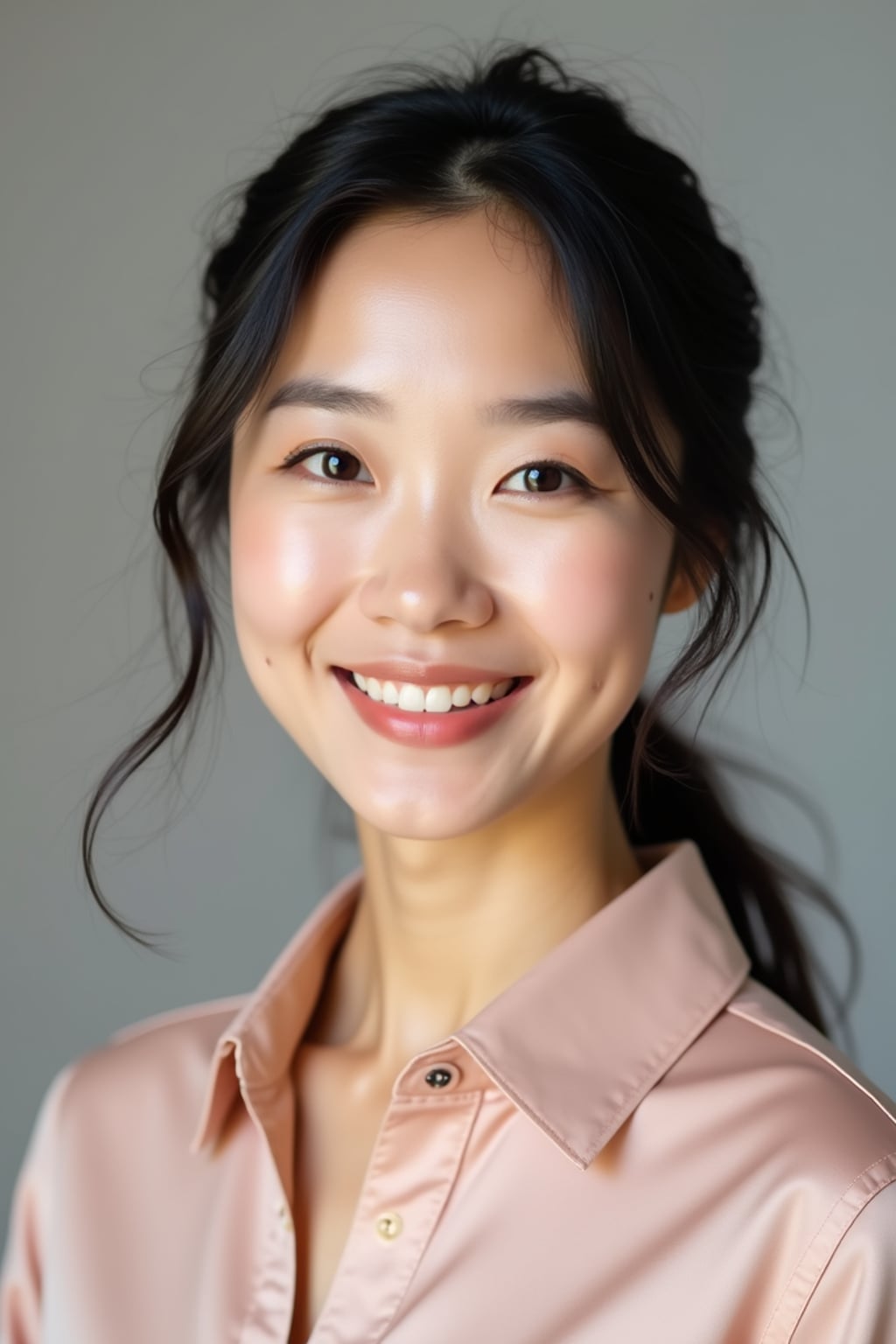 A professional therapist headshot of a compassionate woman, taken in a well-lit studio with a plain backdrop. The woman is dressed in a soft, professional blouse with natural makeup and a gentle smile . The lighting is soft and even, highlighting their facial features with a warm and approachable expression. The focus is sharp, capturing the woman's eyes and reassuring smile, creating a perfect headshot for therapy practices and professional profiles.