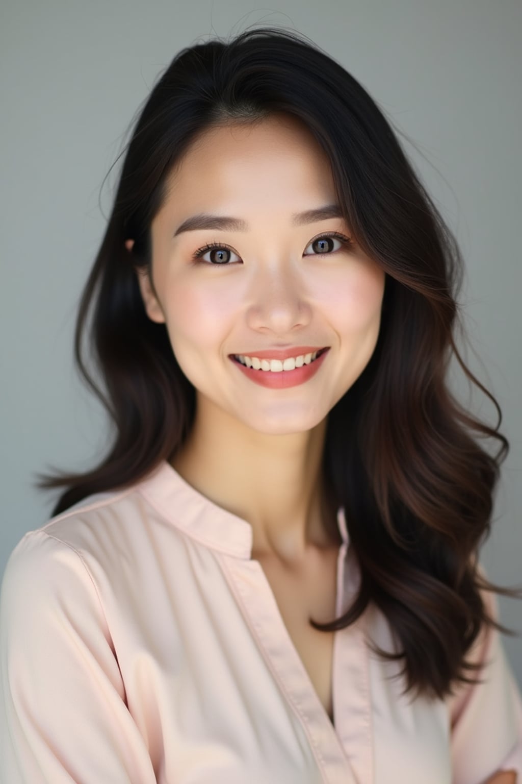 A professional therapist headshot of a compassionate woman, taken in a well-lit studio with a plain backdrop. The woman is dressed in a soft, professional blouse with natural makeup and a gentle smile . The lighting is soft and even, highlighting their facial features with a warm and approachable expression. The focus is sharp, capturing the woman's eyes and reassuring smile, creating a perfect headshot for therapy practices and professional profiles.