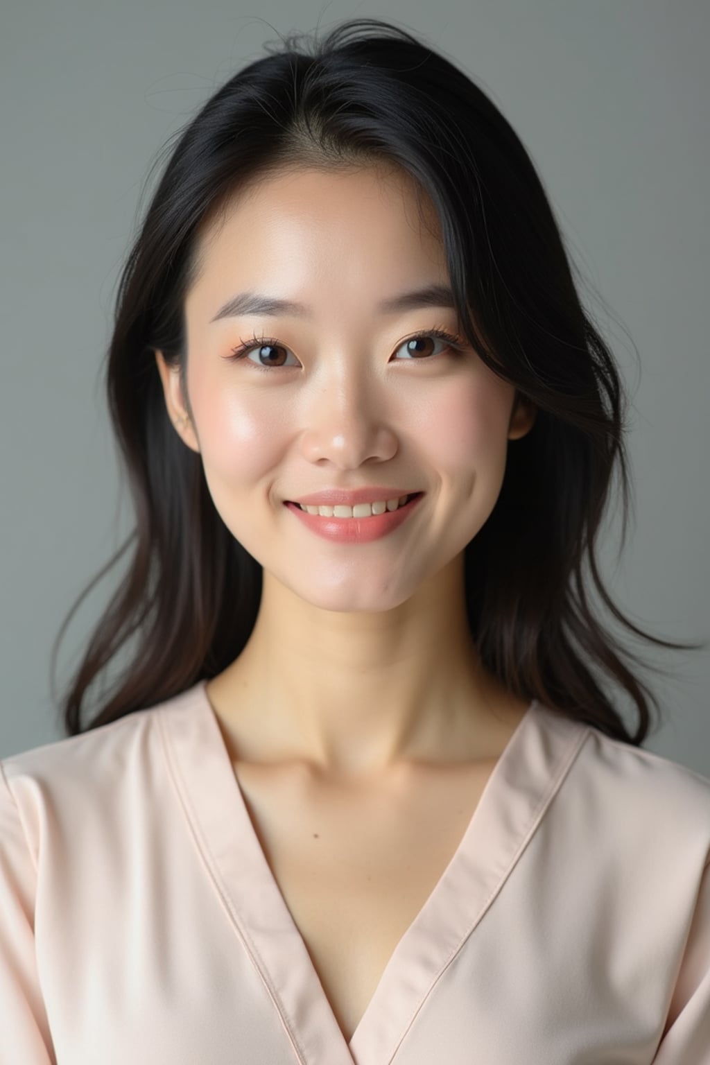 A professional therapist headshot of a compassionate woman, taken in a well-lit studio with a plain backdrop. The woman is dressed in a soft, professional blouse with natural makeup and a gentle smile . The lighting is soft and even, highlighting their facial features with a warm and approachable expression. The focus is sharp, capturing the woman's eyes and reassuring smile, creating a perfect headshot for therapy practices and professional profiles.