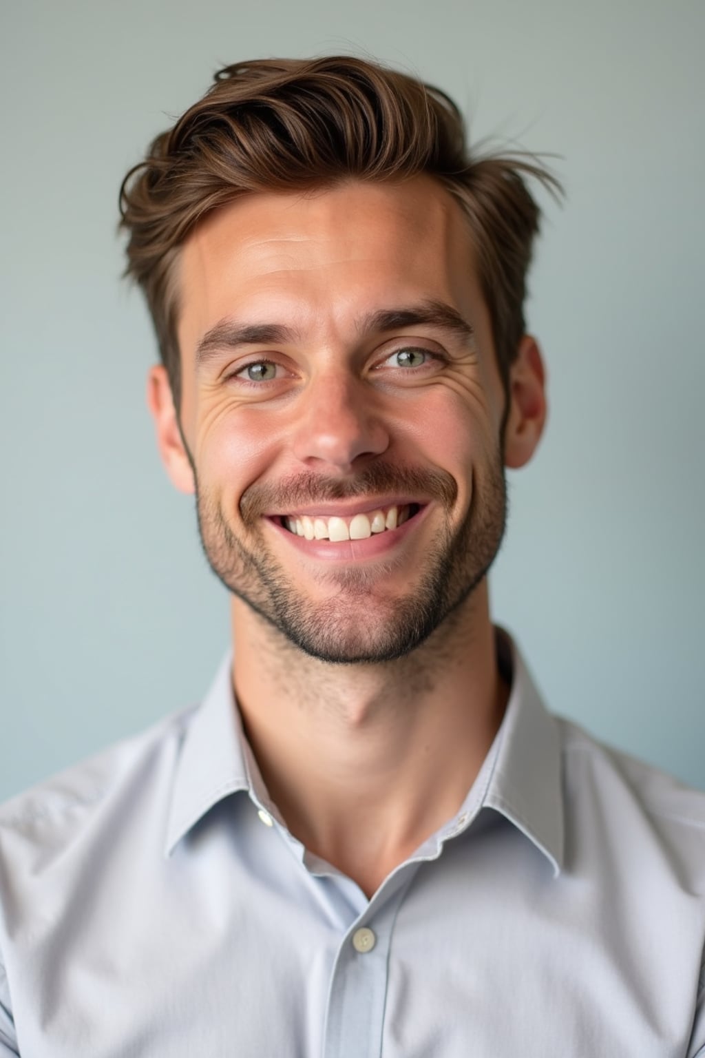 A professional therapist headshot of a compassionate man, taken in a well-lit studio with a plain backdrop. The man is dressed in  a neat, light-colored shirt with a friendly expression. The lighting is soft and even, highlighting their facial features with a warm and approachable expression. The focus is sharp, capturing the man's eyes and reassuring smile, creating a perfect headshot for therapy practices and professional profiles.