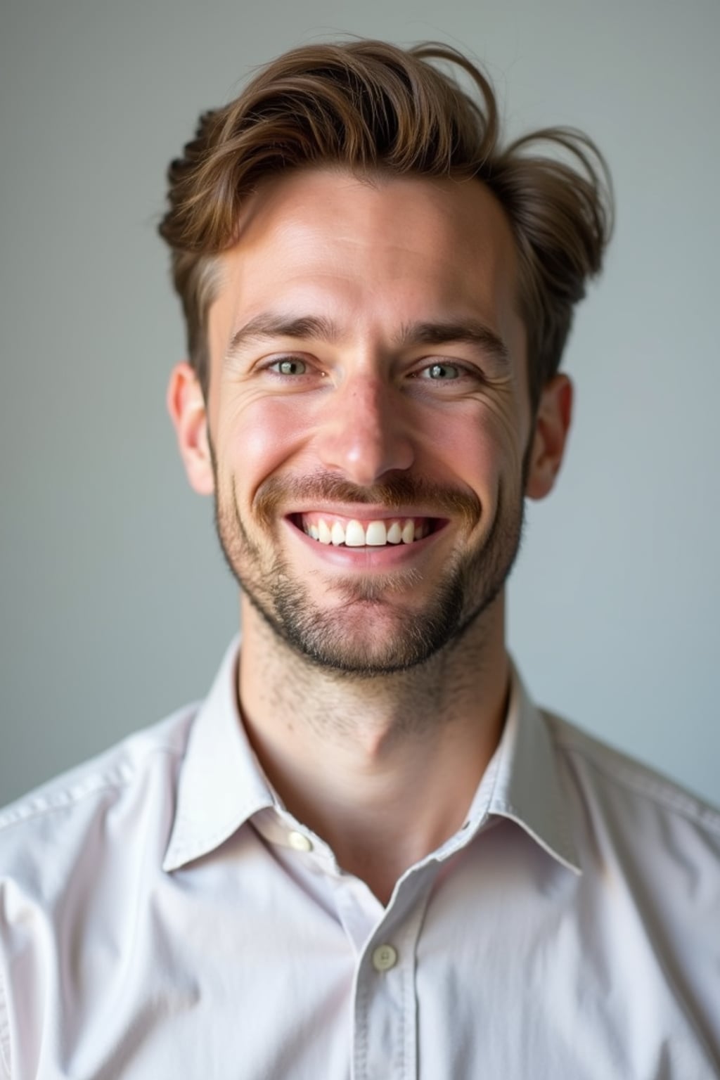 A professional therapist headshot of a compassionate man, taken in a well-lit studio with a plain backdrop. The man is dressed in  a neat, light-colored shirt with a friendly expression. The lighting is soft and even, highlighting their facial features with a warm and approachable expression. The focus is sharp, capturing the man's eyes and reassuring smile, creating a perfect headshot for therapy practices and professional profiles.