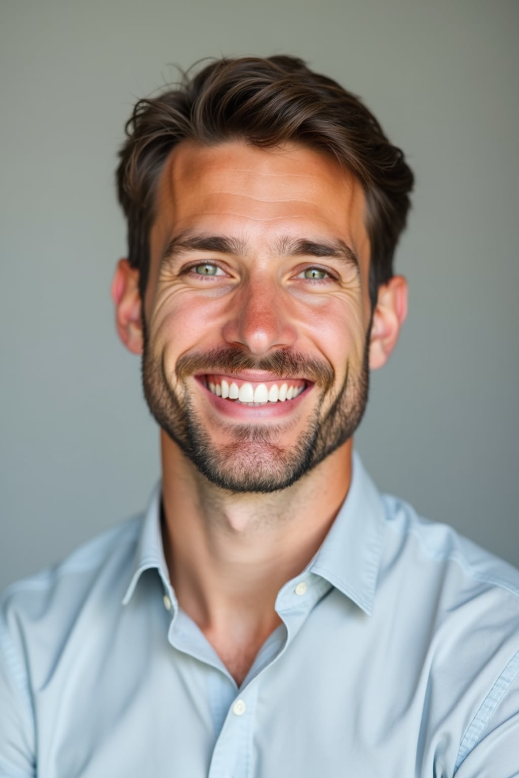 A professional therapist headshot of a compassionate man, taken in a well-lit studio with a plain backdrop. The man is dressed in  a neat, light-colored shirt with a friendly expression. The lighting is soft and even, highlighting their facial features with a warm and approachable expression. The focus is sharp, capturing the man's eyes and reassuring smile, creating a perfect headshot for therapy practices and professional profiles.