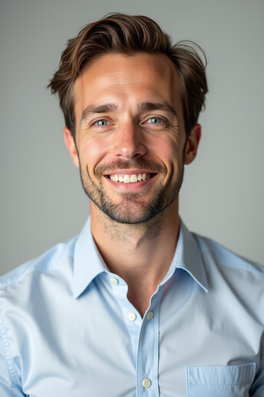 A professional therapist headshot of a compassionate man, taken in a well-lit studio with a plain backdrop. The man is dressed in  a neat, light-colored shirt with a friendly expression. The lighting is soft and even, highlighting their facial features with a warm and approachable expression. The focus is sharp, capturing the man's eyes and reassuring smile, creating a perfect headshot for therapy practices and professional profiles.