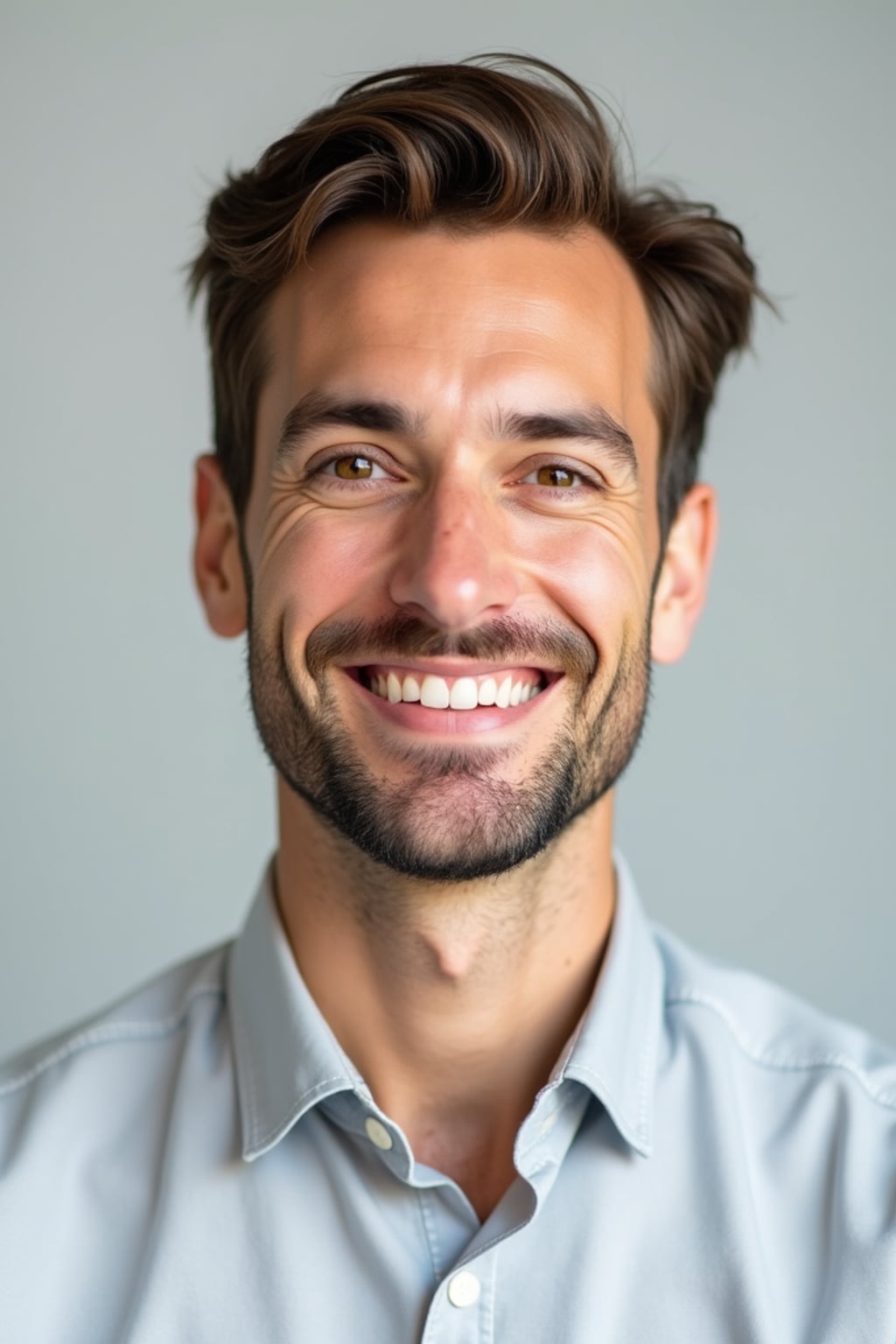 A professional therapist headshot of a compassionate man, taken in a well-lit studio with a plain backdrop. The man is dressed in  a neat, light-colored shirt with a friendly expression. The lighting is soft and even, highlighting their facial features with a warm and approachable expression. The focus is sharp, capturing the man's eyes and reassuring smile, creating a perfect headshot for therapy practices and professional profiles.