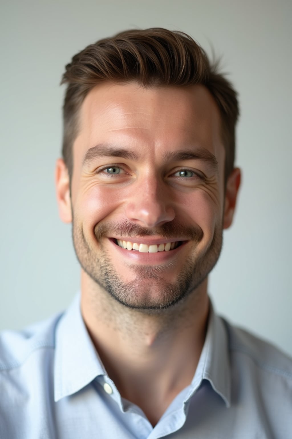 A professional therapist headshot of a compassionate man, taken in a well-lit studio with a plain backdrop. The man is dressed in  a neat, light-colored shirt with a friendly expression. The lighting is soft and even, highlighting their facial features with a warm and approachable expression. The focus is sharp, capturing the man's eyes and reassuring smile, creating a perfect headshot for therapy practices and professional profiles.
