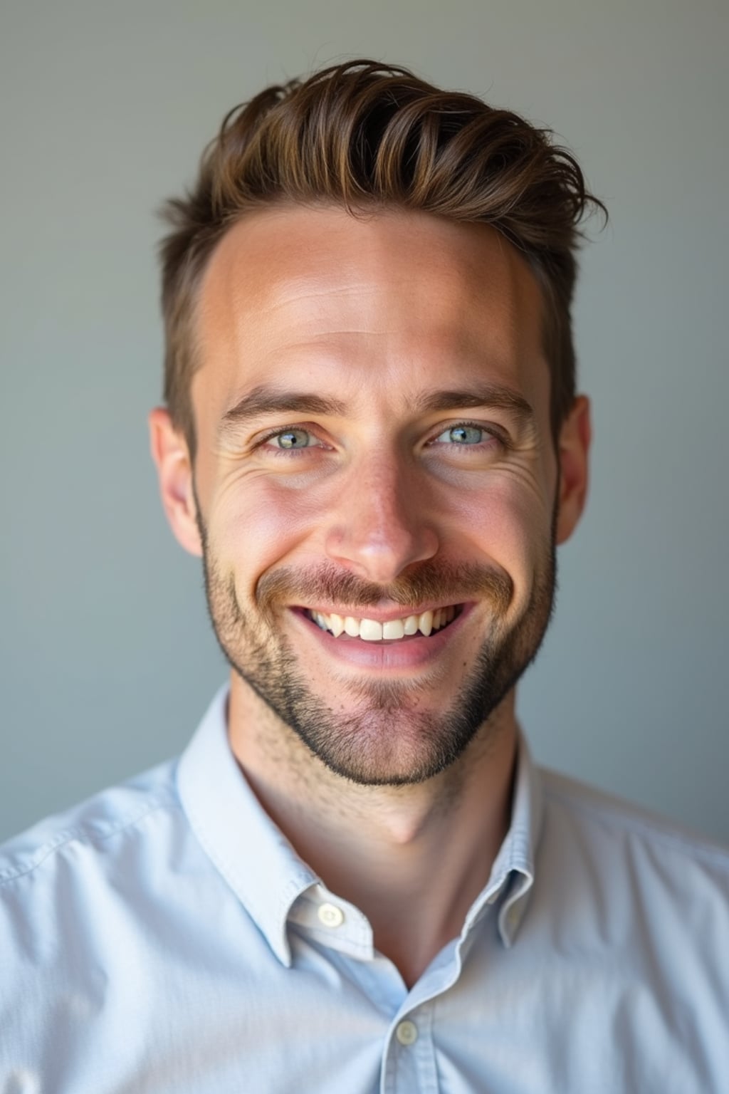 A professional therapist headshot of a compassionate man, taken in a well-lit studio with a plain backdrop. The man is dressed in  a neat, light-colored shirt with a friendly expression. The lighting is soft and even, highlighting their facial features with a warm and approachable expression. The focus is sharp, capturing the man's eyes and reassuring smile, creating a perfect headshot for therapy practices and professional profiles.